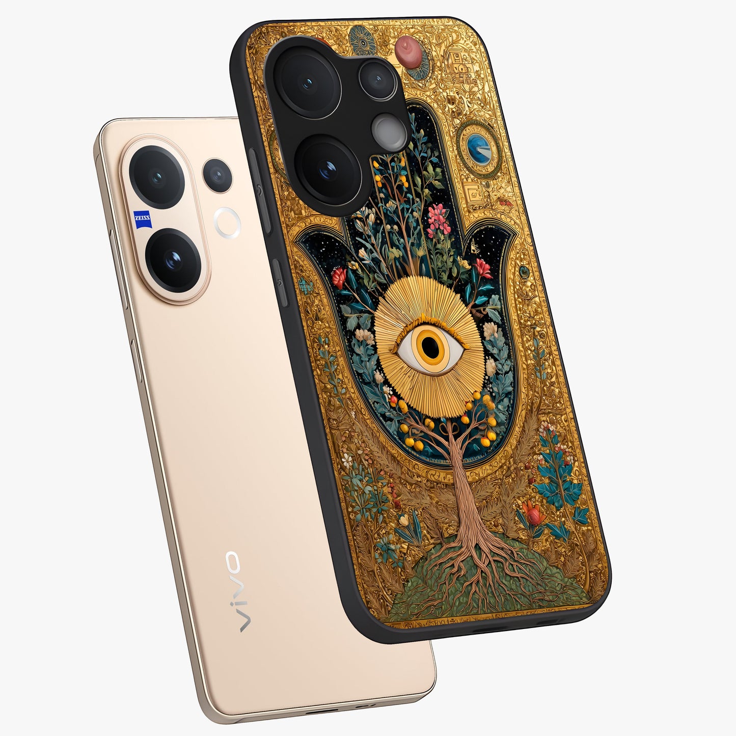 Ethereal Evil Eye Glass Case displayed in angled mockup highlighting protective evil eye symbol with spiritual aesthetic design.