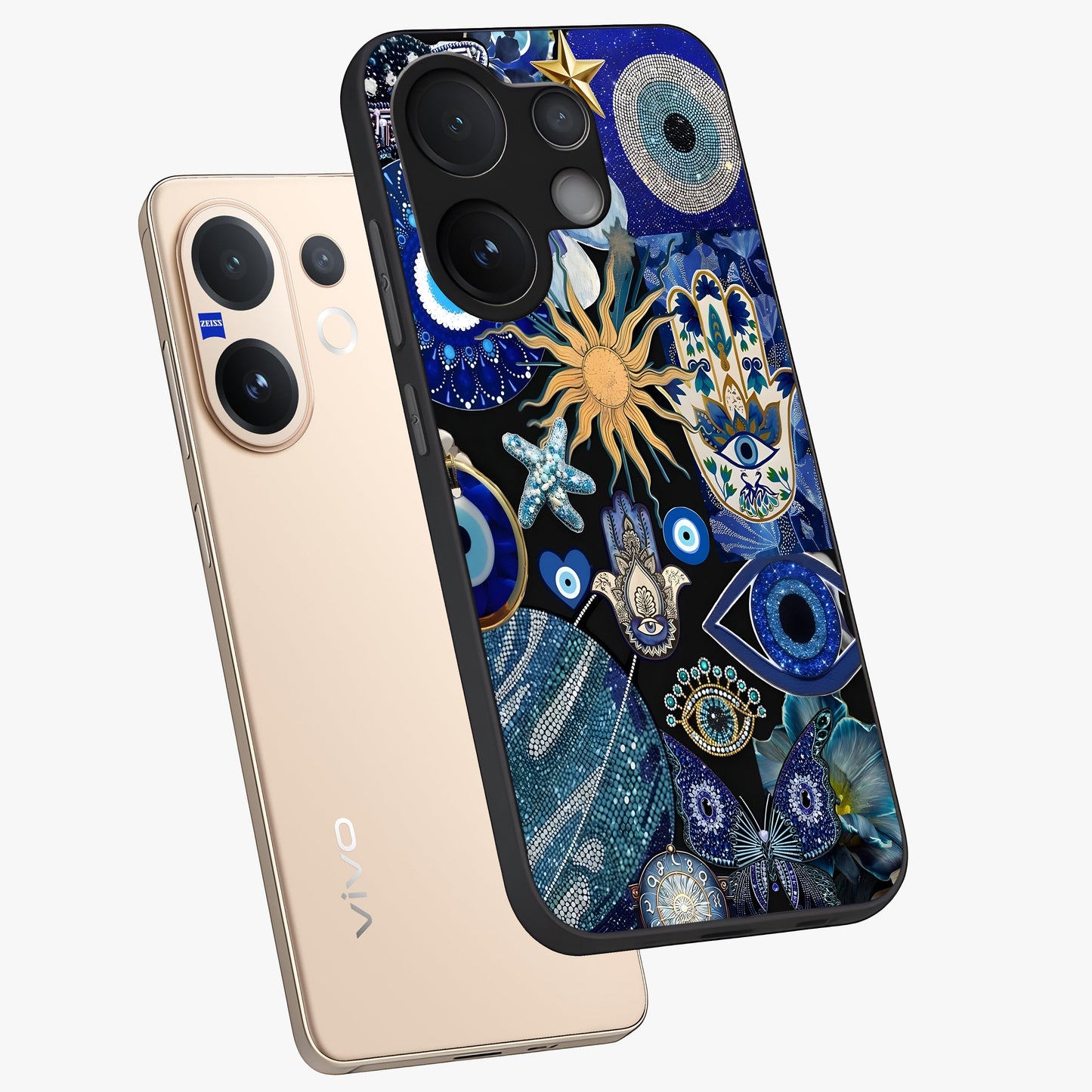 Evil Eye Charm Mix Glass Case displayed in angled mockup highlighting protective evil eye symbols with spiritual aesthetic design.