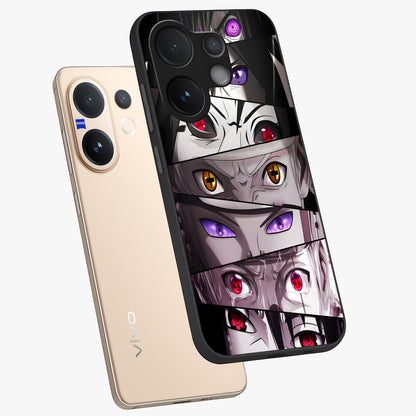 Eyes of Destiny Glass Case displayed in angled mockup highlighting bold eye illustration with mystical aesthetic style.