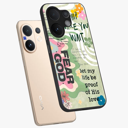 Faith Over Fear Glass Case displayed in angled mockup highlighting inspirational message design with modern aesthetic style.