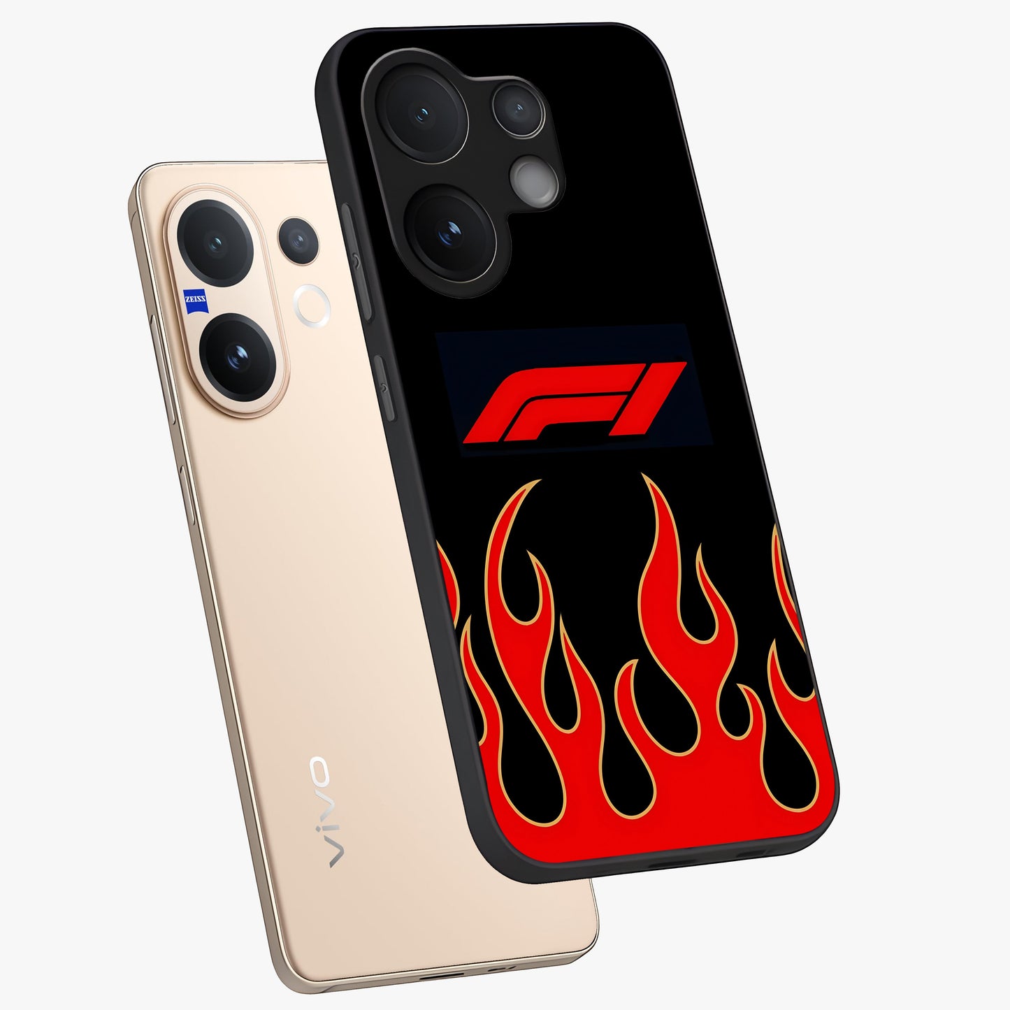 Fire F11 Glass Case displayed in angled mockup highlighting bold fire inspired graphic with energetic aesthetic style.