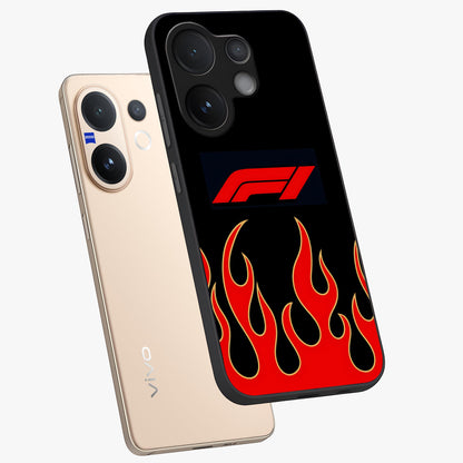 Fire F11 Glass Case displayed in angled mockup highlighting bold fire inspired graphic with energetic aesthetic style.