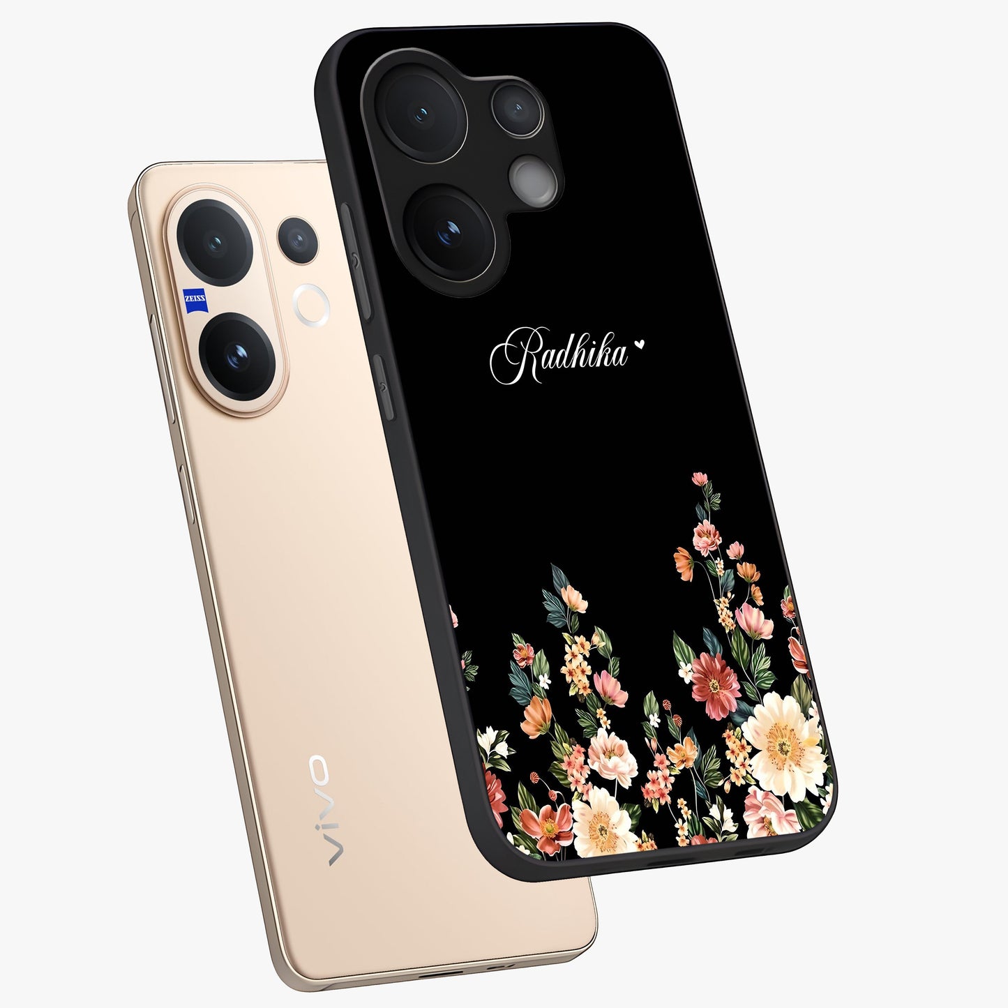 Floral Design With a Custom Personalized Name Glass Case displayed in angled mockup highlighting elegant floral pattern with custom name feature.