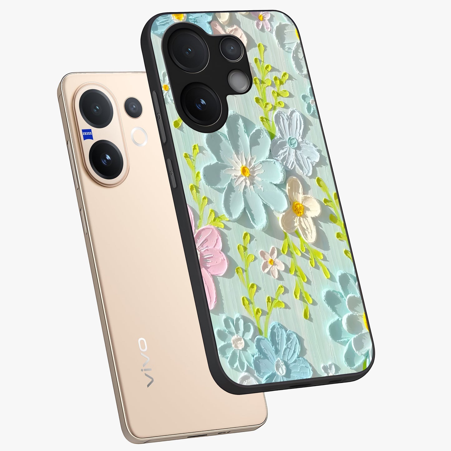 Frosted Petal Garden Glass Case displayed in angled mockup highlighting delicate flower petal design with calm garden aesthetic.