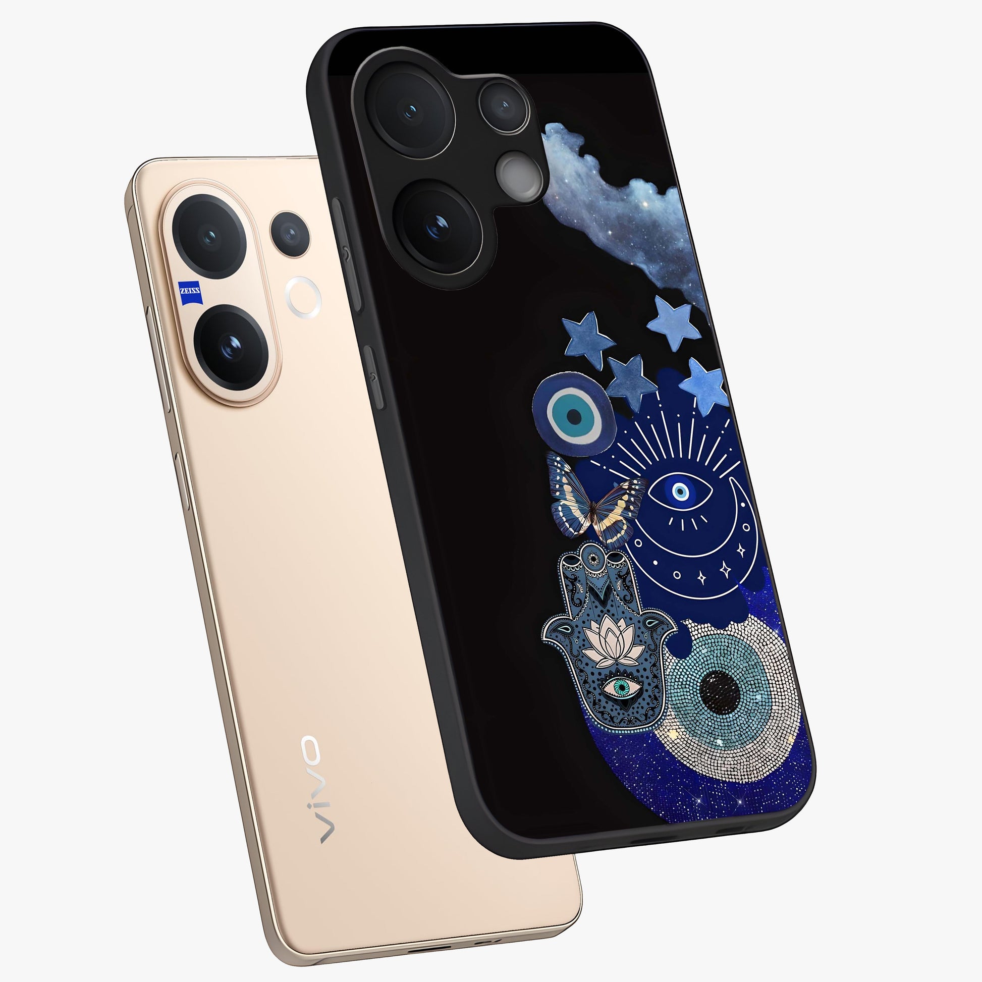 Galactic Charm Cluster Glass Case displayed in angled mockup highlighting luminous galaxy inspired design with dreamy aesthetic.