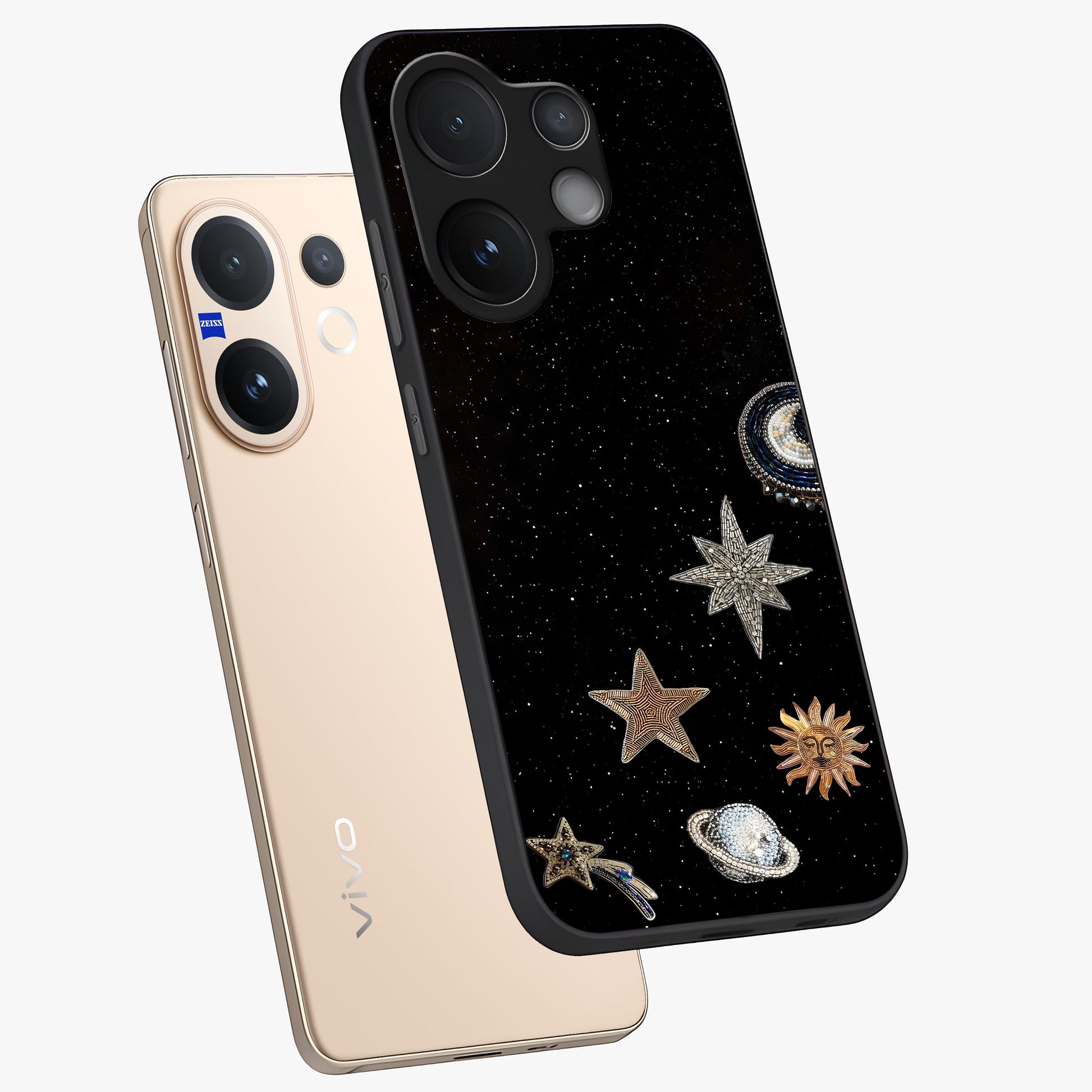 Galactic Charm Glow Glass Case displayed in angled mockup highlighting luminous galaxy inspired design with dreamy aesthetic.