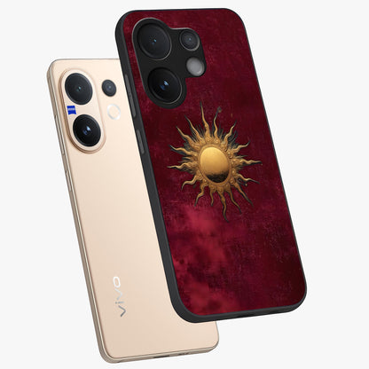 Golden Sun Minimalism Glass Case displayed in angled mockup highlighting clean sun symbol design with modern minimal aesthetic.