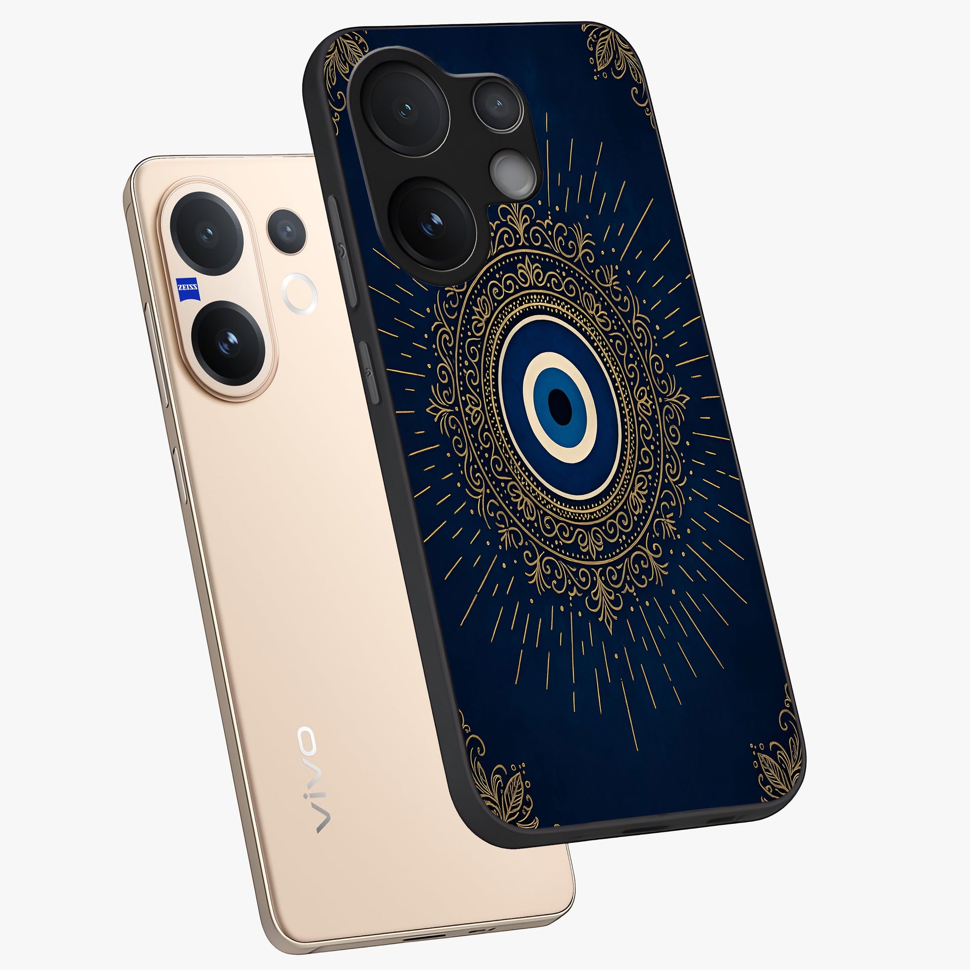 Golden Celestial Charm Glass Case displayed in angled mockup highlighting sparkling cosmic charm design with celestial aesthetic.