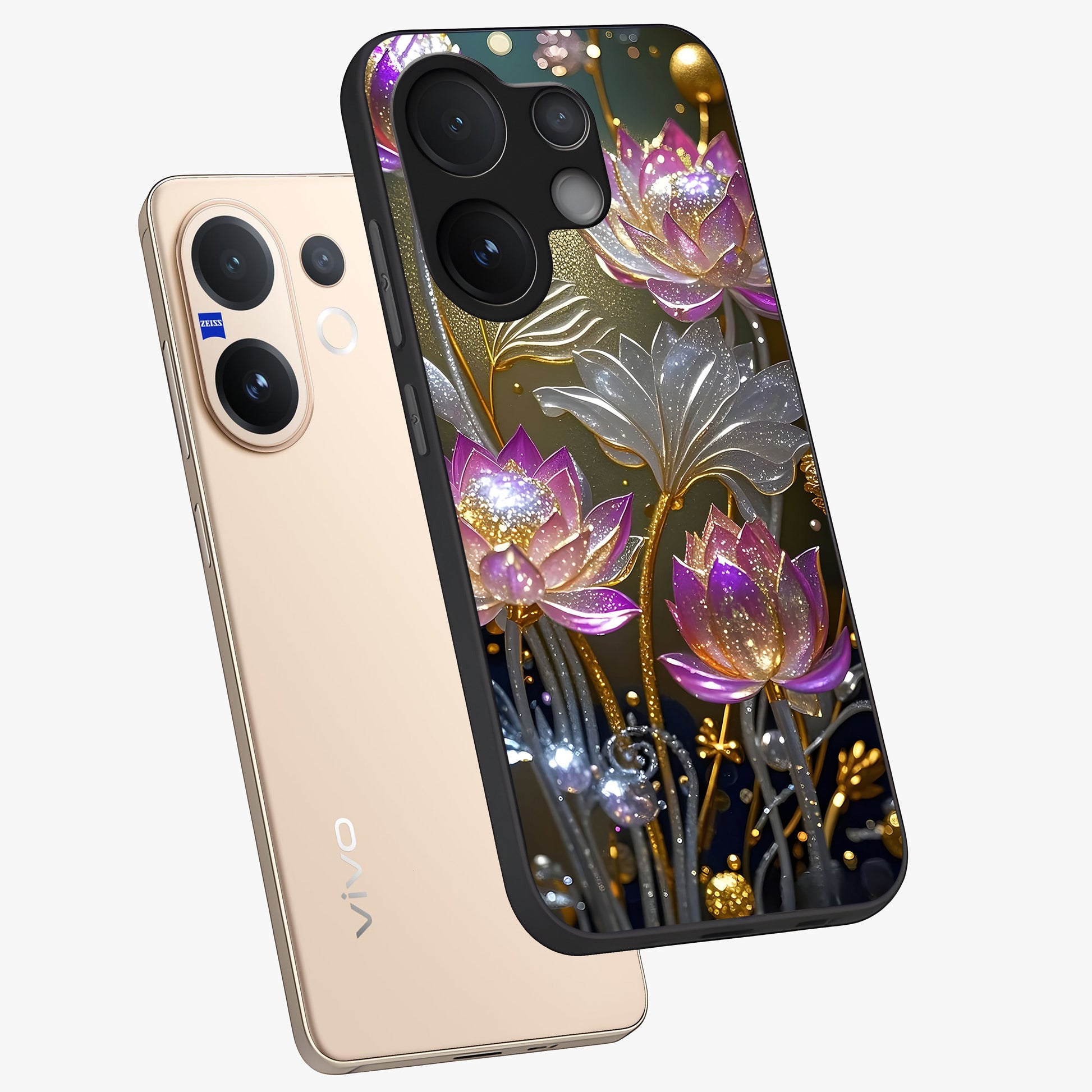 Golden Floral Majesty Glass Case displayed in angled mockup highlighting elegant flower design with royal golden aesthetic.