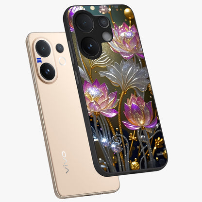 Golden Floral Majesty Glass Case displayed in angled mockup highlighting elegant flower design with royal golden aesthetic.