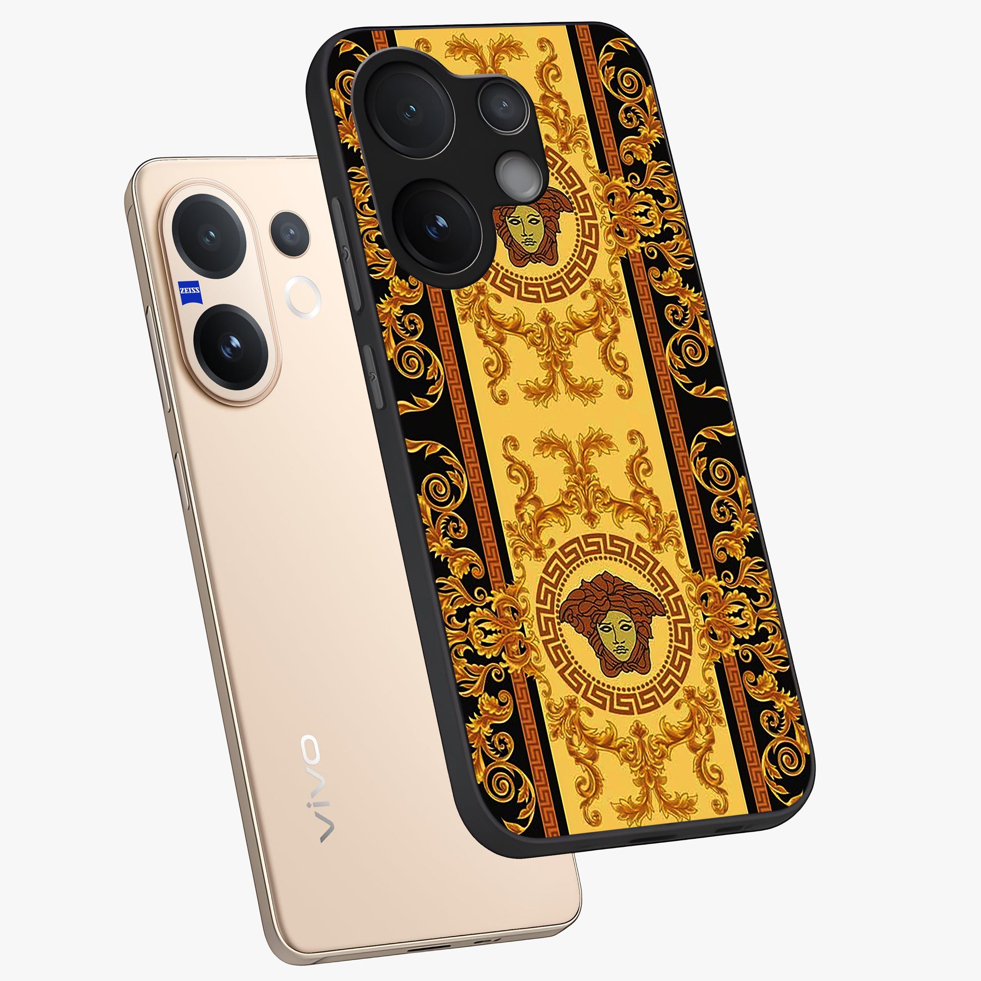 Golden Lotus Glow Glass Case displayed in angled mockup highlighting radiant lotus illustration with spiritual aesthetic.