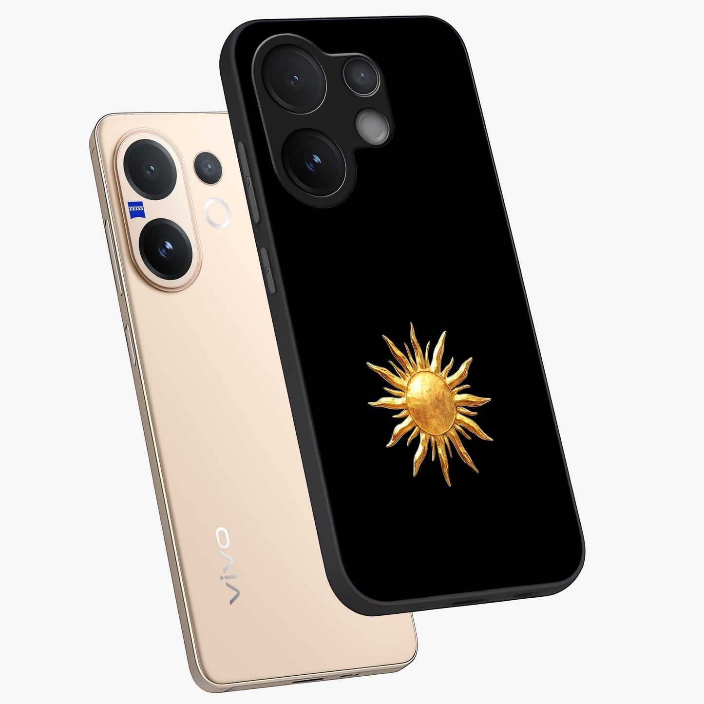 Golden Sun Minimalism Glass Case displayed in angled mockup highlighting eerie shadow illustration with gothic aesthetic.