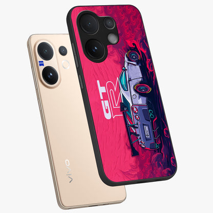 GT-R Car Pattern Glass Case displayed in angled mockup highlighting racing car graphic design with bold automotive aesthetic.