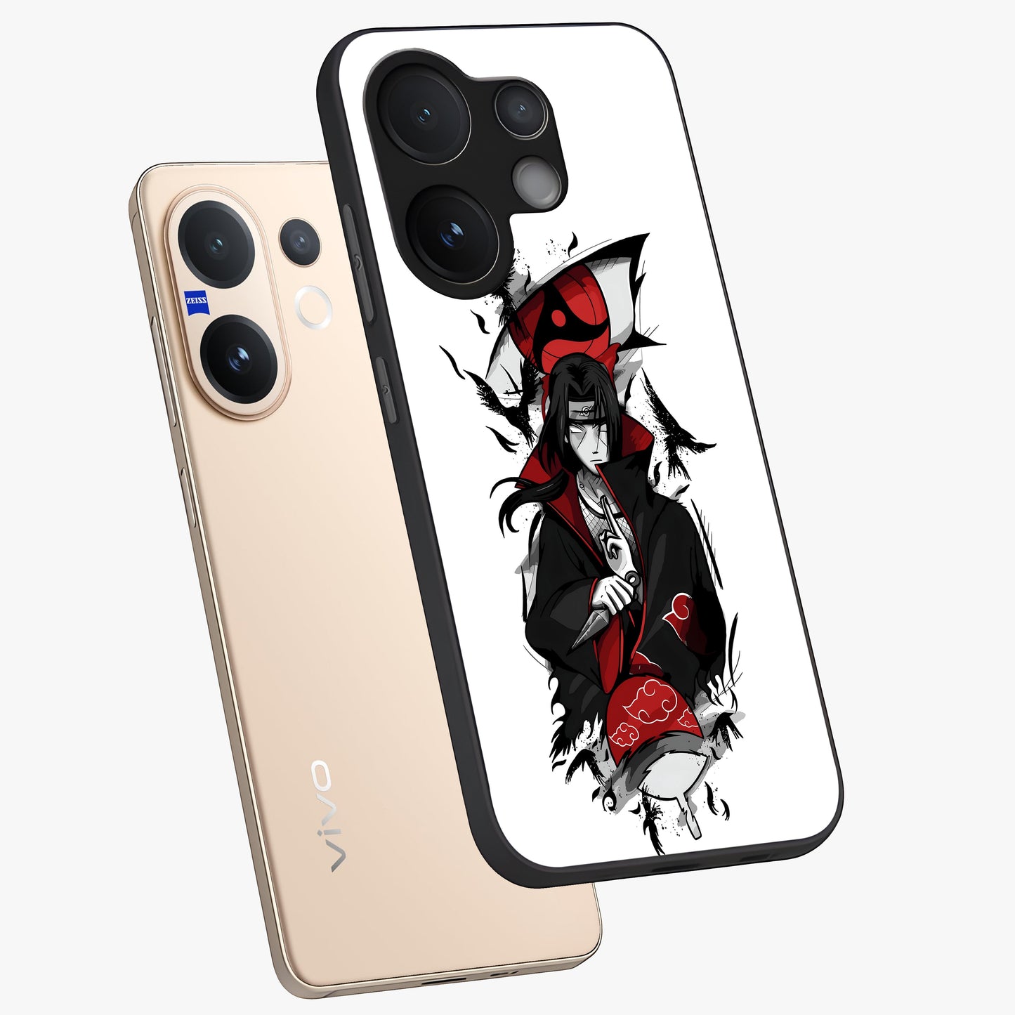 Itachi Limited Edition Naruto Anime Glass Case displayed in angled mockup highlighting dramatic anime illustration with bold action aesthetic.