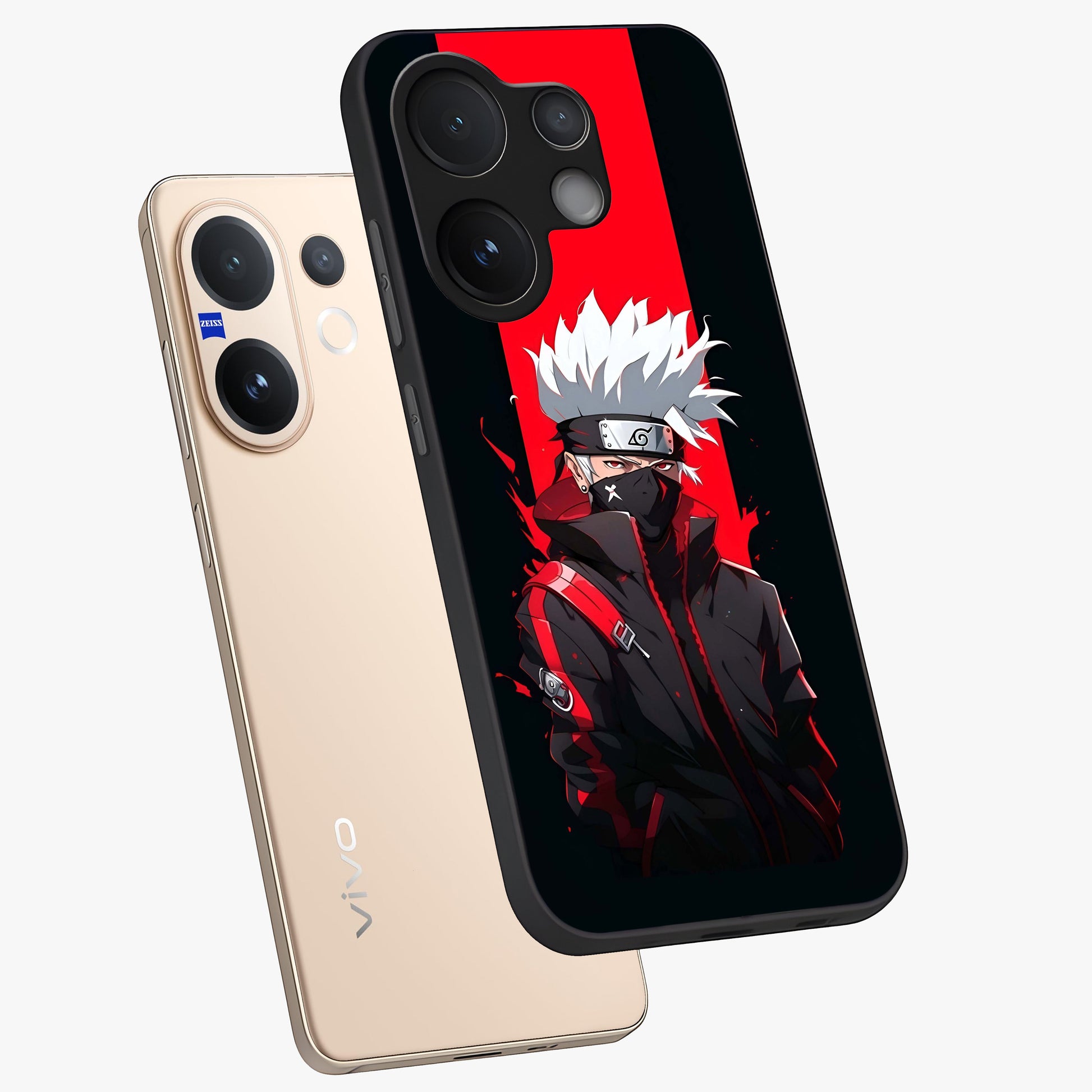 Kakashi Scarlet Shadow Glass Case displayed in angled mockup highlighting dramatic ninja illustration with scarlet themed aesthetic.