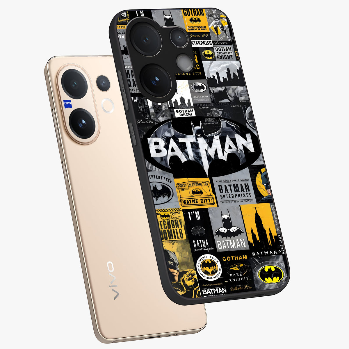 Knight Gotham Rise Glass Case displayed in angled mockup highlighting powerful knight silhouette design with dramatic aesthetic.