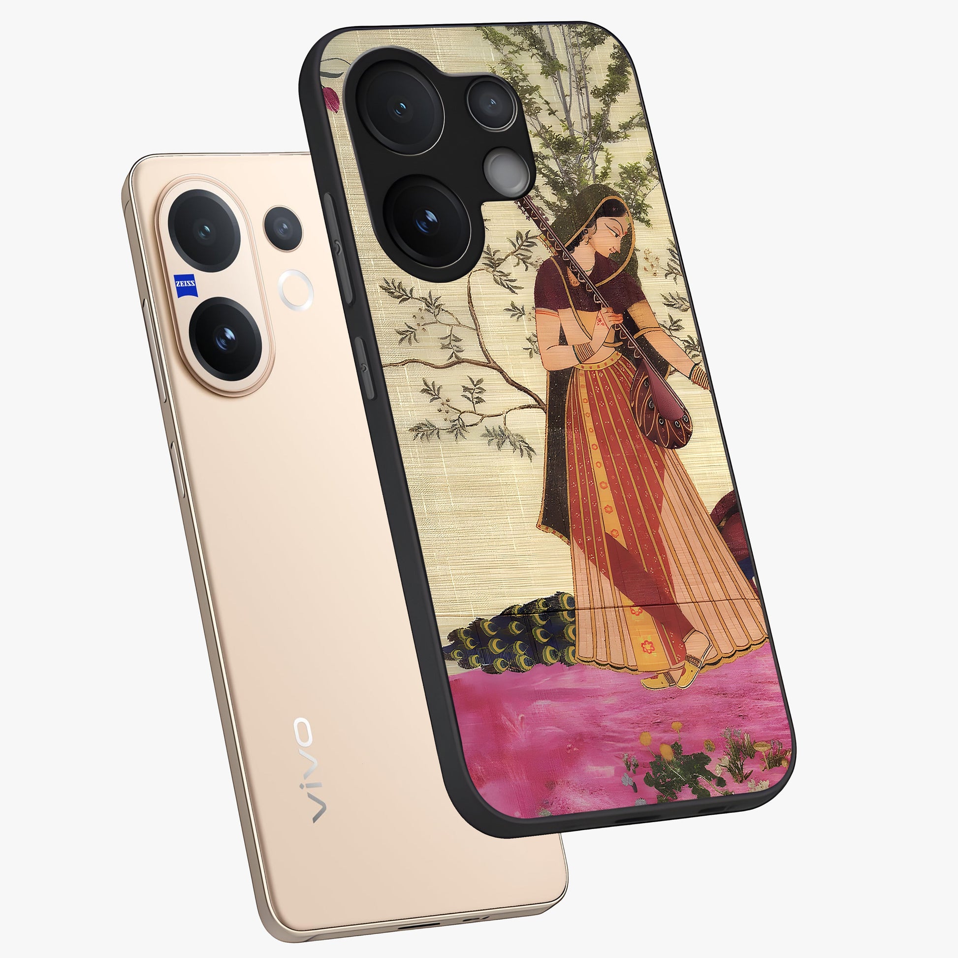 Lady With Veena Art Glass Case displayed in angled mockup highlighting graceful musical illustration with cultural artistic aesthetic.