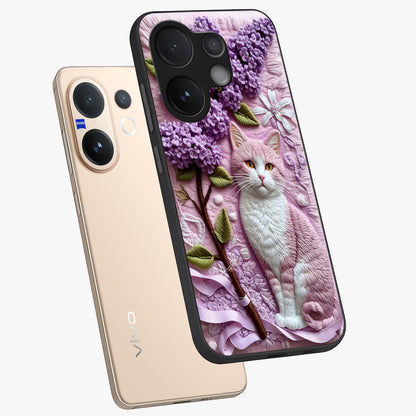 Lavender Cat Whimsy Glass Case displayed in angled mockup highlighting playful feline illustration with pastel lavender aesthetic.