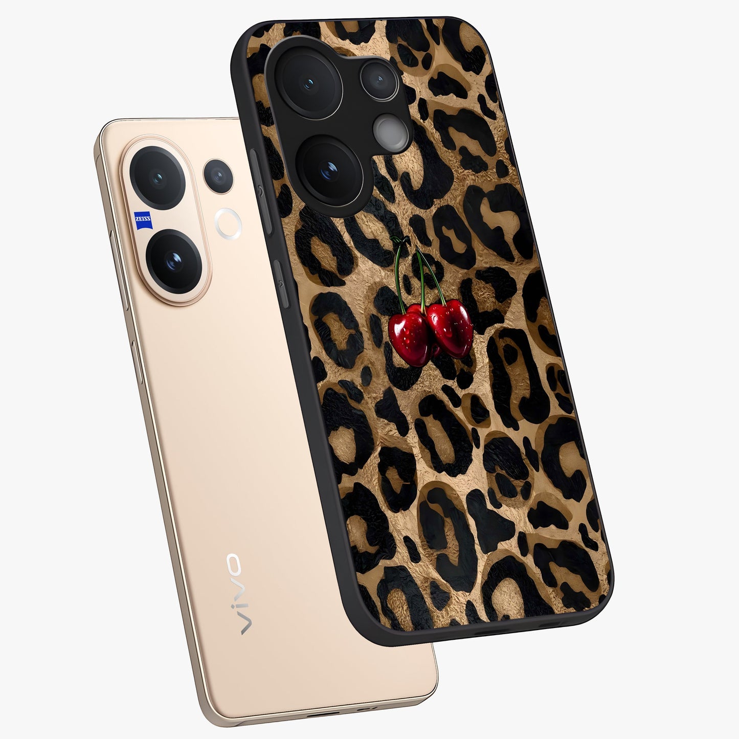 Leopard Wild Cherry Glass Case displayed in angled mockup highlighting bold animal print design with playful cherry aesthetic.
