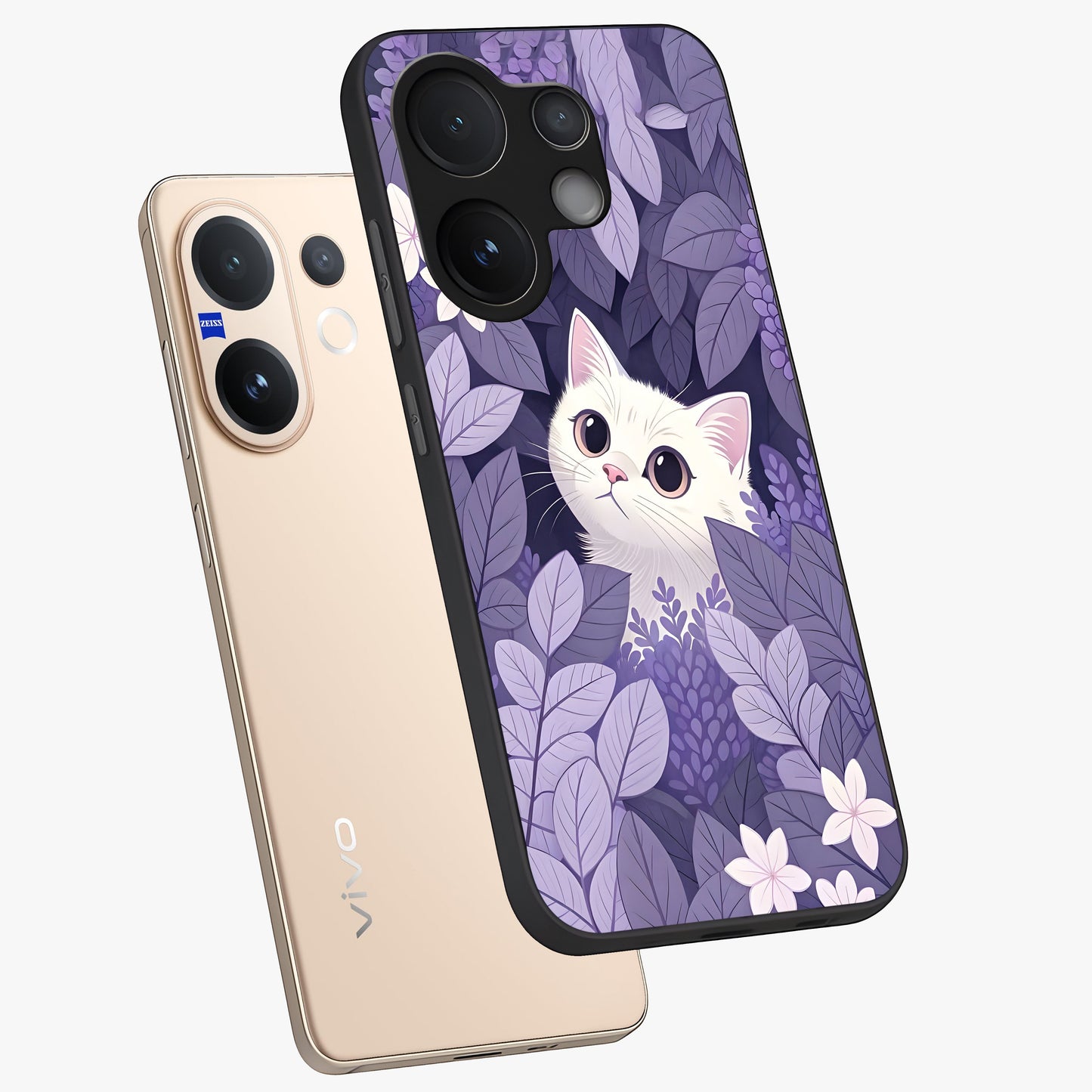 Lilac Hide Peek Cat Glass Case displayed in angled mockup highlighting playful feline illustration with lilac aesthetic design.