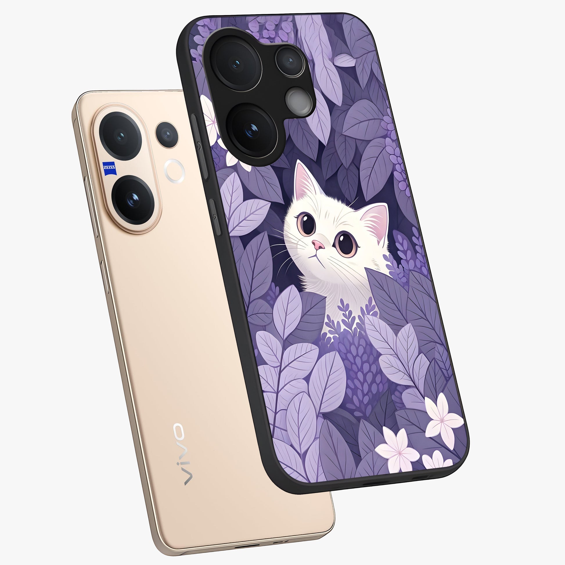 Lilac Hide Peek Cat Glass Case displayed in angled mockup highlighting playful feline illustration with lilac aesthetic design.