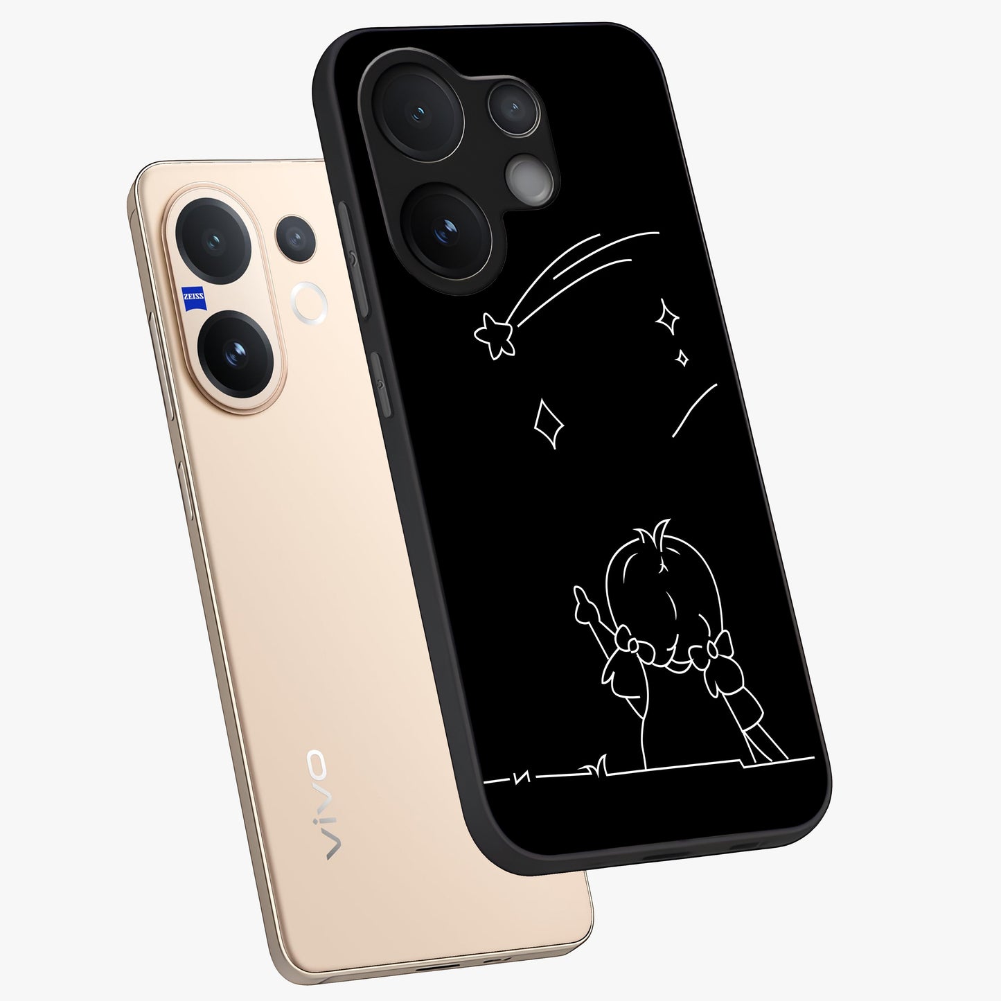 Line Art Girl With Shooting Stars Glass Case displayed in angled mockup highlighting elegant line art design with dreamy star aesthetic.