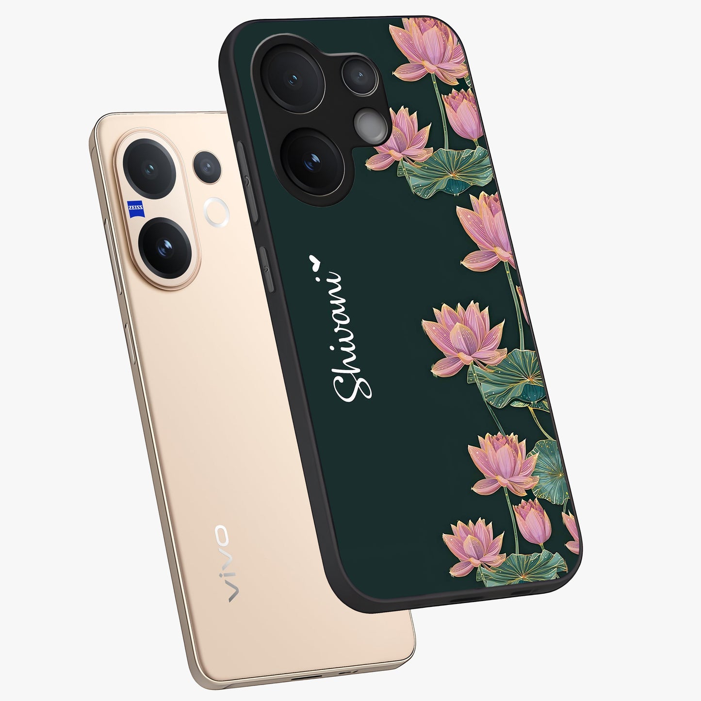 Lotus Bloom Serenity Custom Name Glass Case displayed in angled mockup highlighting graceful lotus illustration with custom name feature.