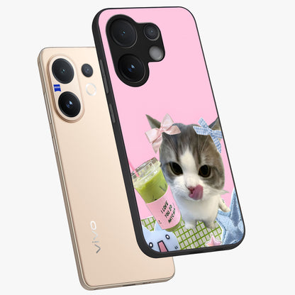 Love Matcha Cat Glass Case displayed in angled mockup highlighting playful feline illustration with cozy matcha aesthetic.