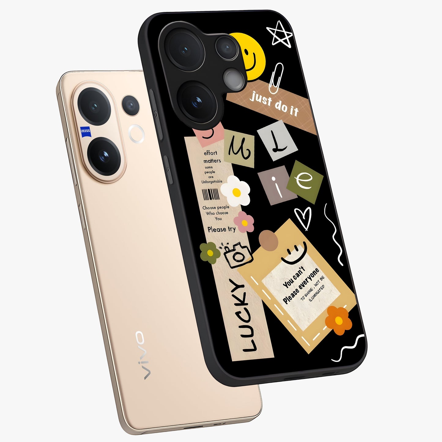 Lucky Aesthetic Collage Glass Case displayed in angled mockup highlighting stylish collage pattern with modern aesthetic vibe.