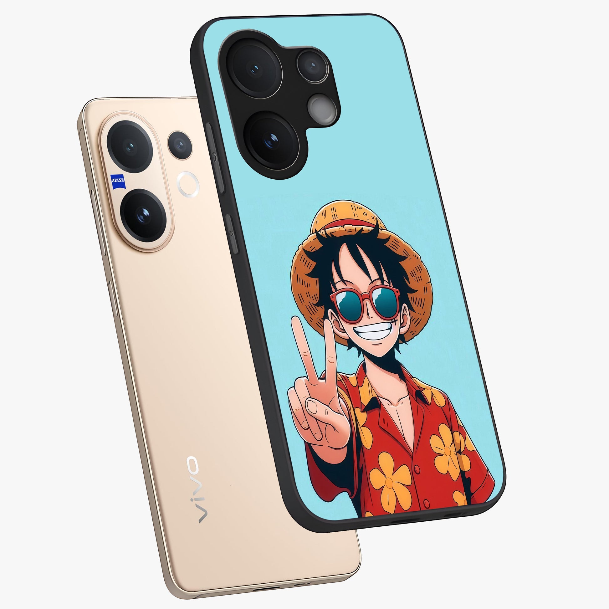 Luffy Summer Anime Vibe Glass Case displayed in angled mockup highlighting energetic anime illustration with summer vibe aesthetic.