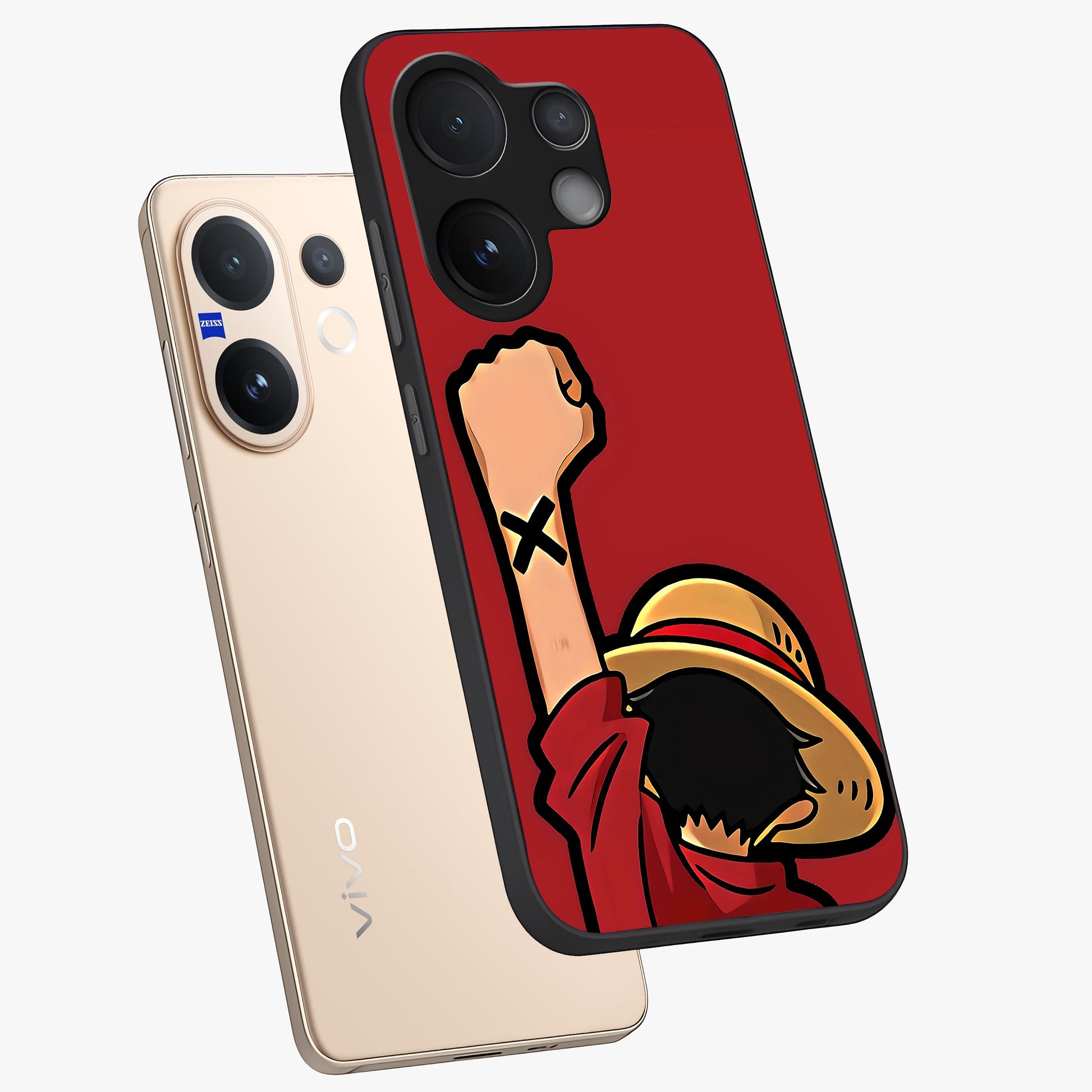Luffy X Spirit Glass Case displayed in angled mockup highlighting powerful anime design with energetic action aesthetic.