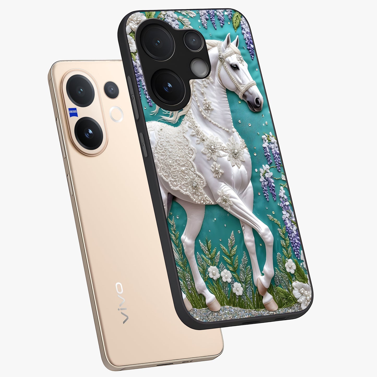 Majestic Floral Stallion Glass Case displayed in angled mockup highlighting majestic stallion illustration with elegant floral aesthetic.
