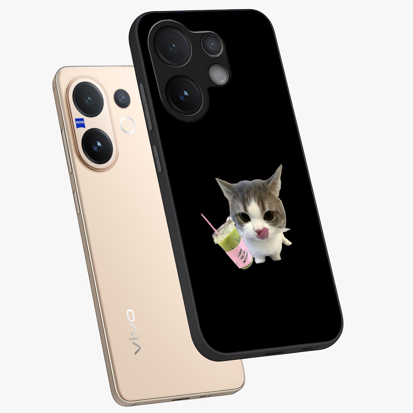 Matcha Cat Style Glass Case displayed in angled mockup highlighting playful feline design with pastel matcha aesthetic.