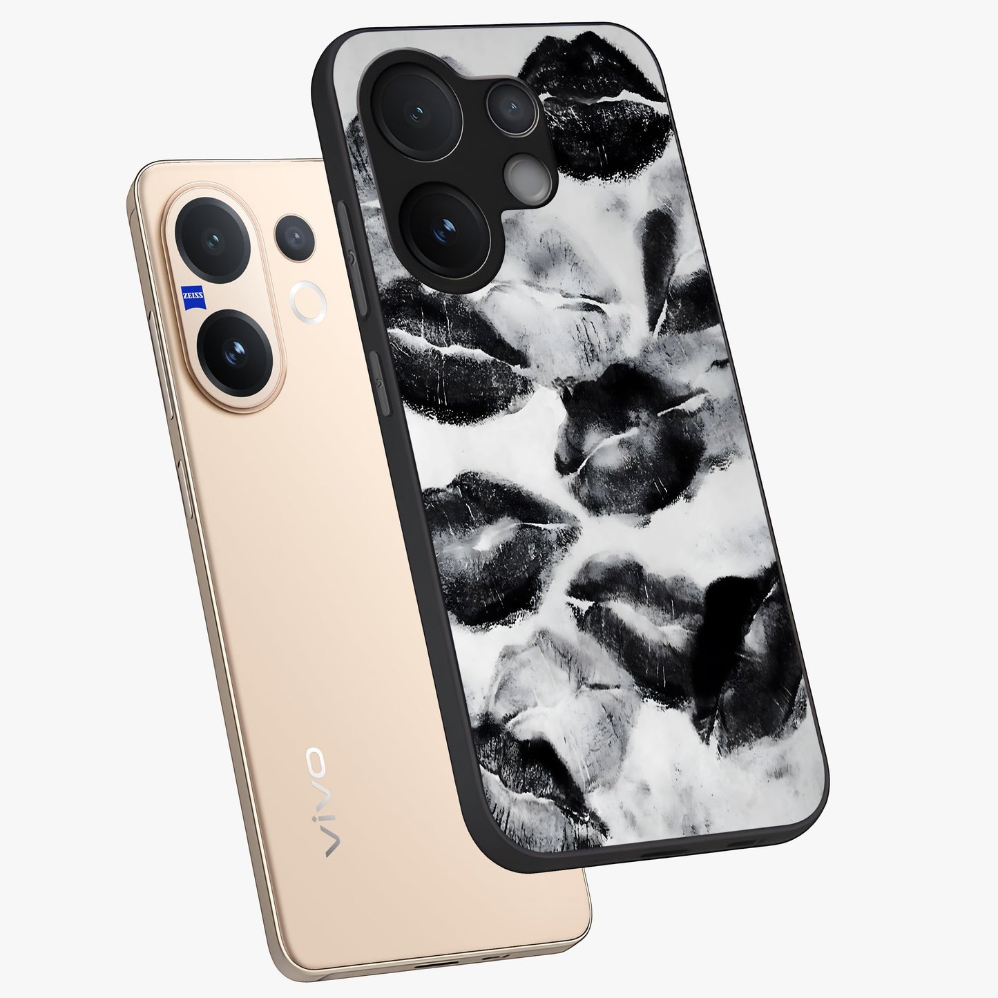 Midnight Kiss Marks Glass Case displayed in angled mockup highlighting playful romantic design with bold midnight aesthetic.
