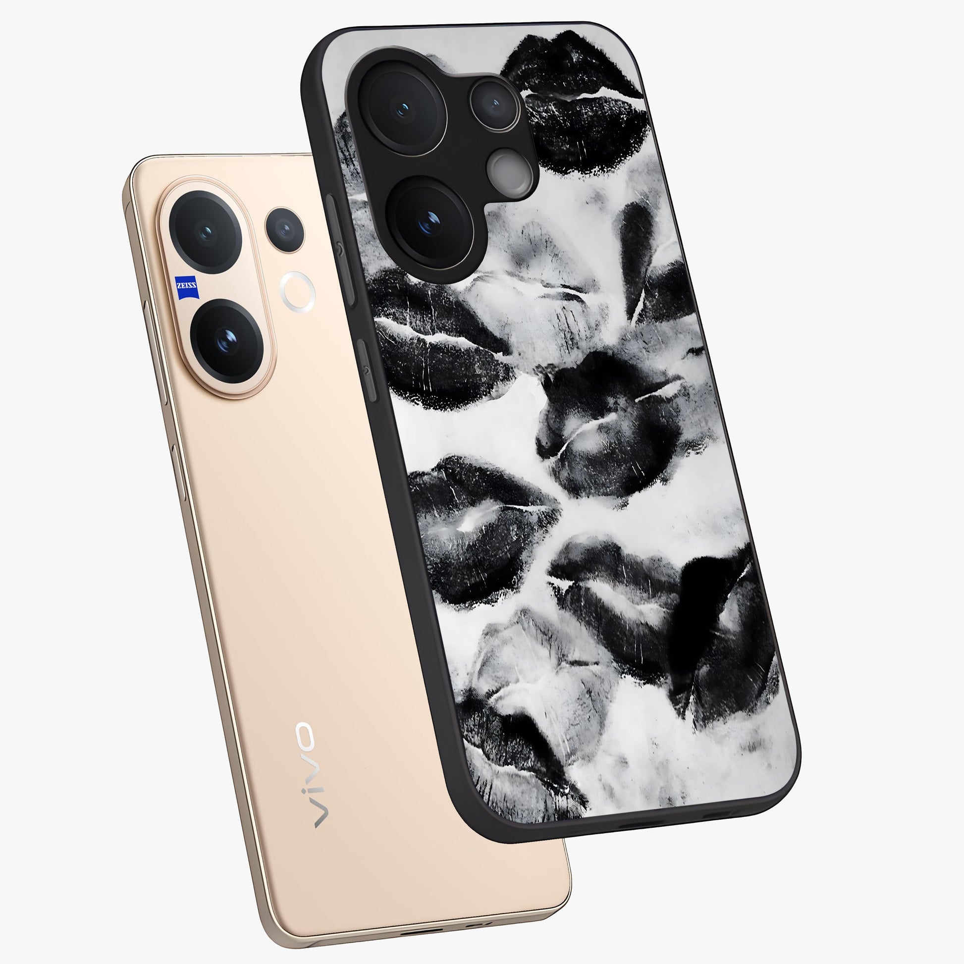 Midnight Kiss Marks Glass Case displayed in angled mockup highlighting playful romantic design with bold midnight aesthetic.
