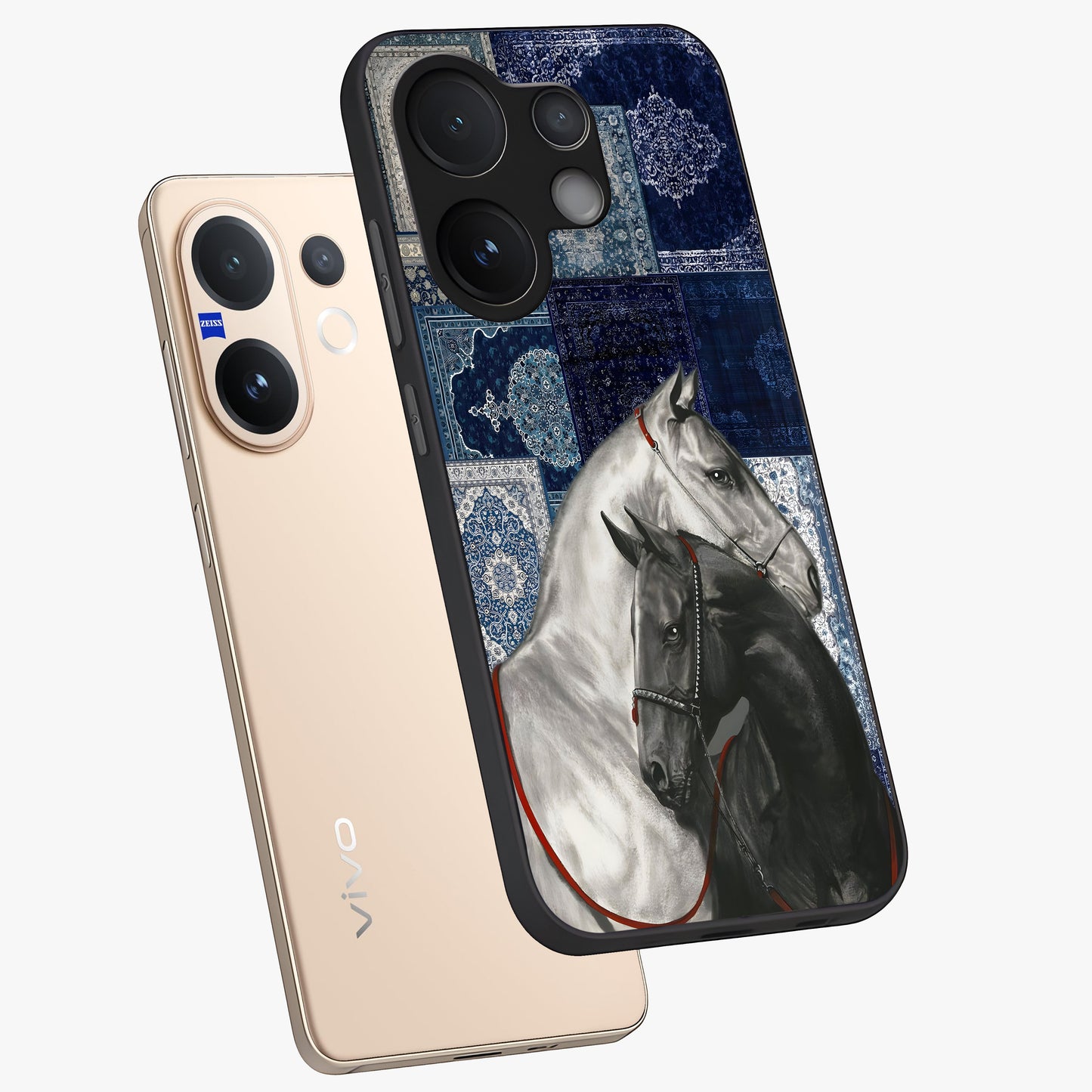 Midnight Stallion Blues Glass Case displayed in angled mockup highlighting powerful stallion illustration with deep midnight tones.