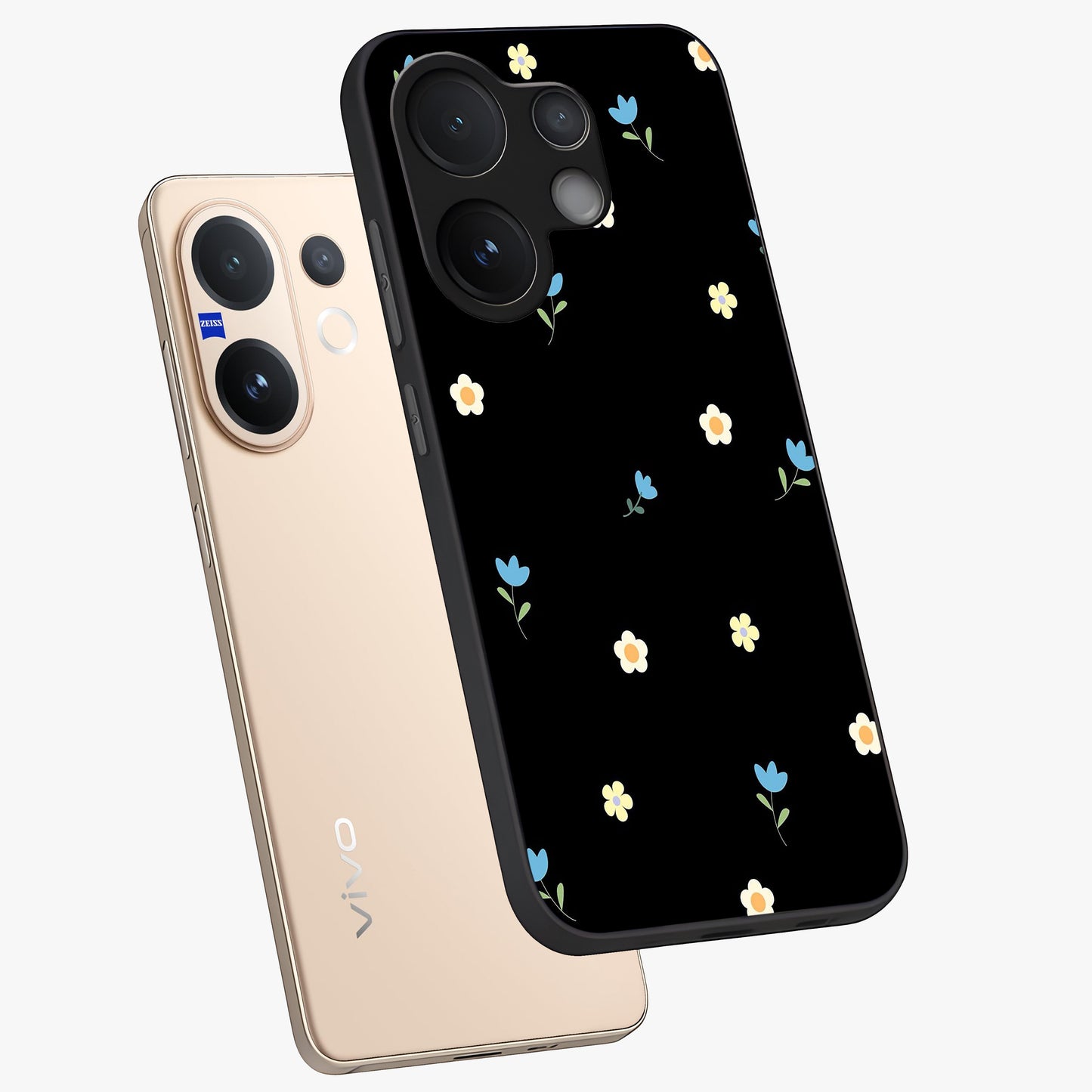 Minimal Petal Whispers Glass Case displayed in angled mockup highlighting delicate petal design with clean minimal aesthetic.
