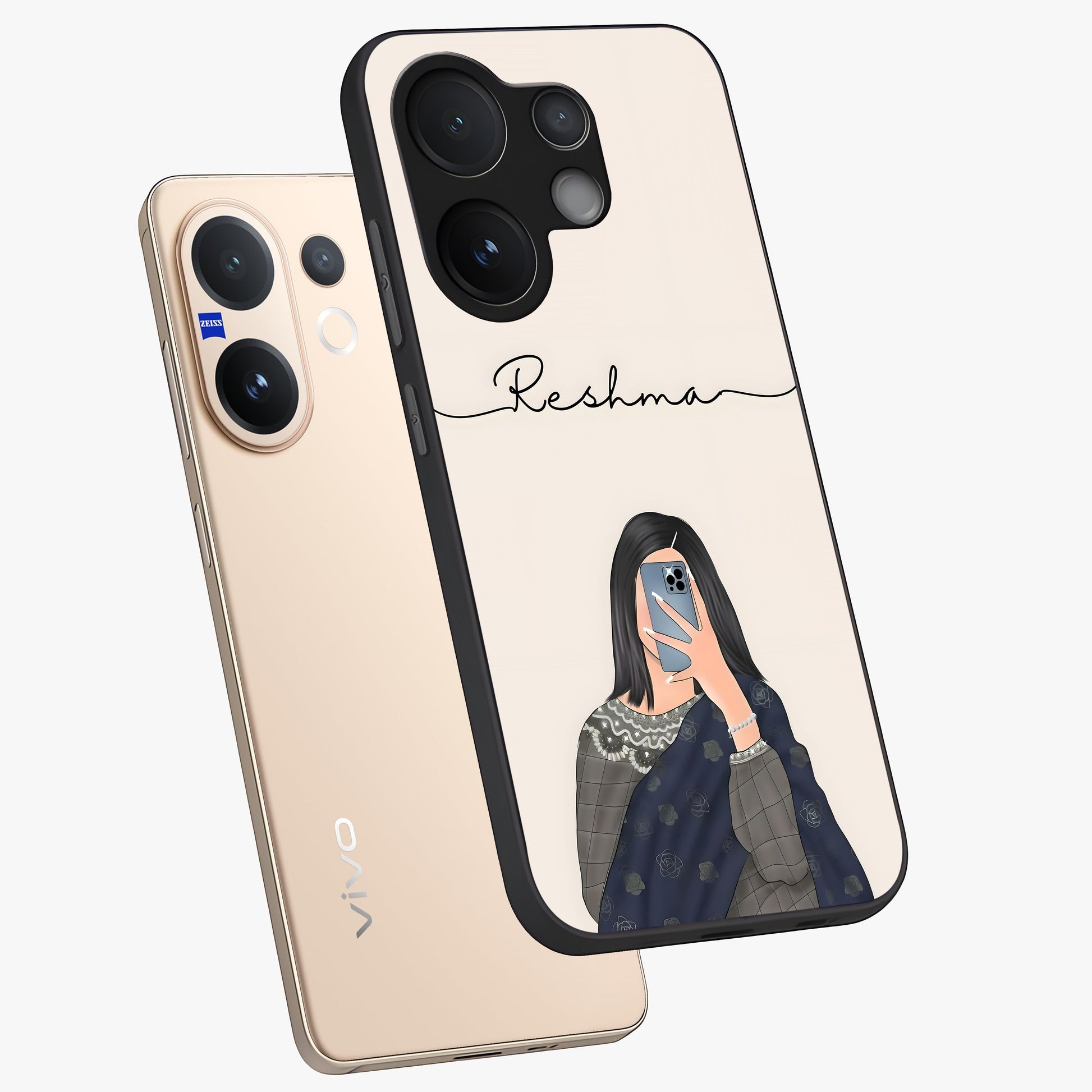 Mirror Mood Muse With Custom Name Glass Case displayed in angled mockup highlighting aesthetic mirror inspired design with custom name feature.