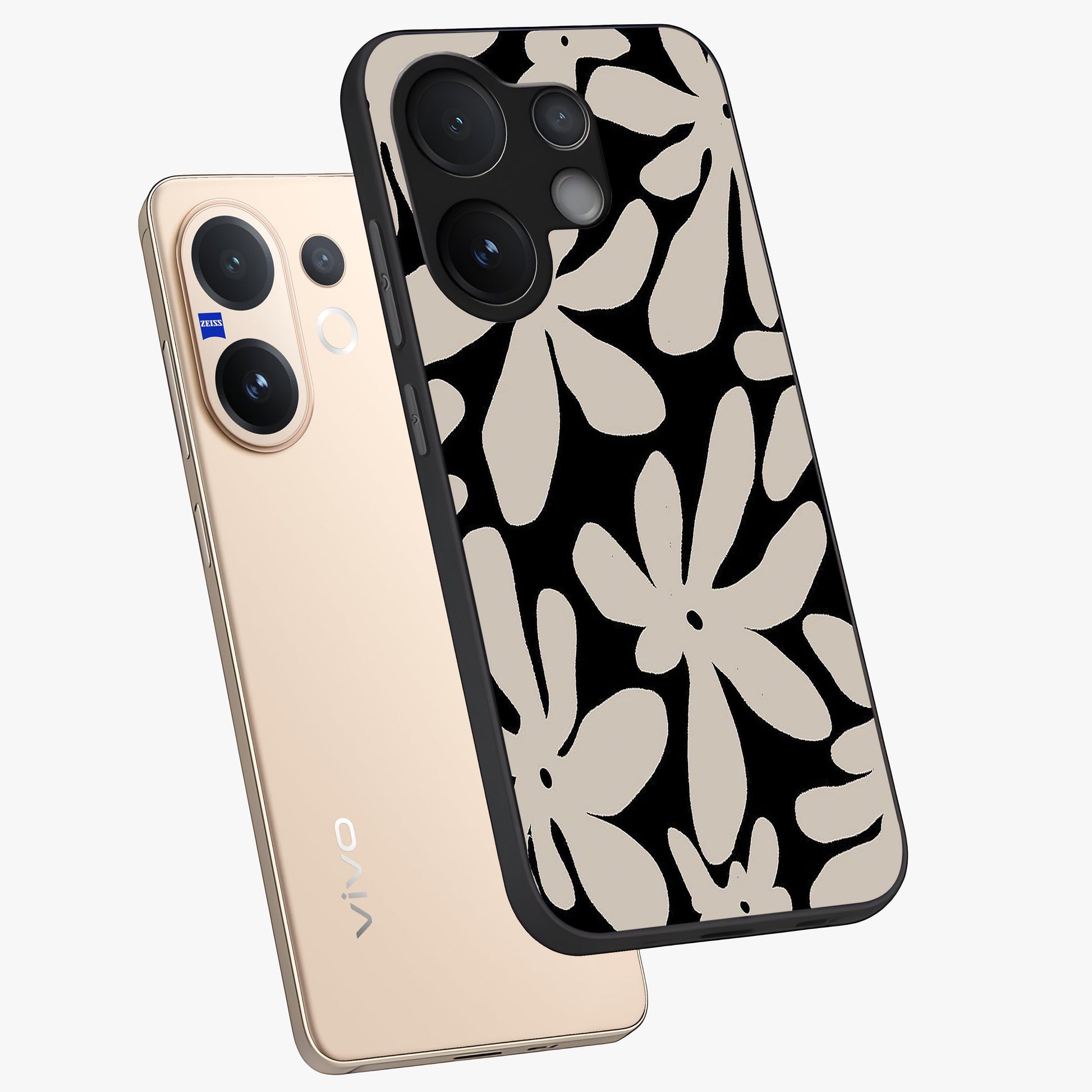 Monochrome Petal Dance Glass Case displayed in angled mockup highlighting elegant petal design with black and white aesthetic.