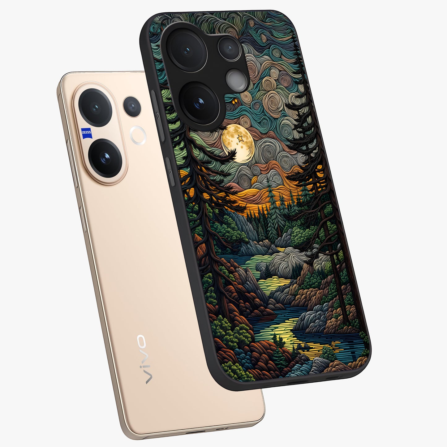 Moonlight Forest Dream Glass Case displayed in angled mockup highlighting dreamy forest design with glowing moon aesthetic.