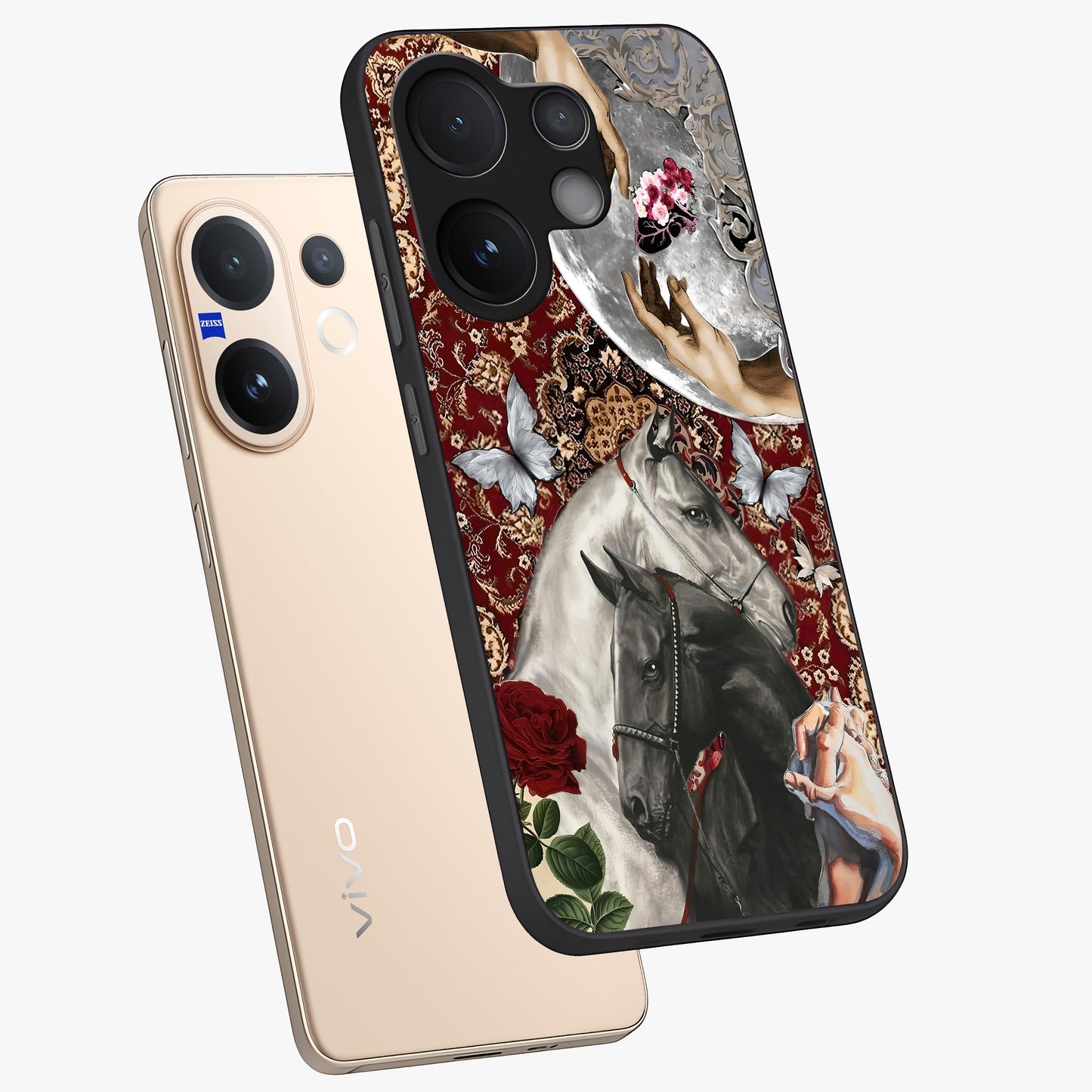 Moonlit Royal Stallion Glass Case displayed in angled mockup highlighting powerful stallion illustration with royal night aesthetic.