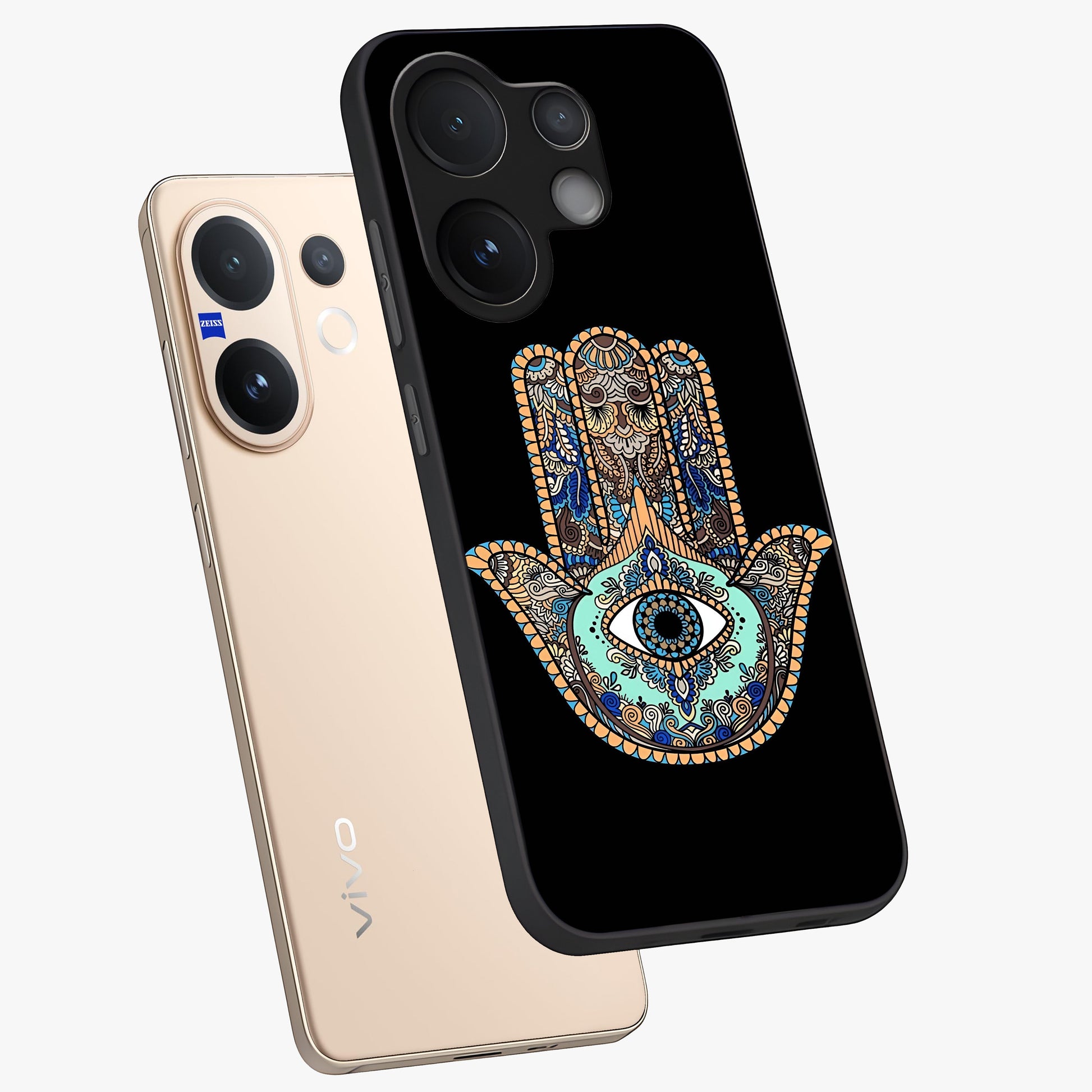 Mystic Hamsa Eye Glass Case displayed in angled mockup highlighting spiritual hamsa symbol with mystical aesthetic style.
