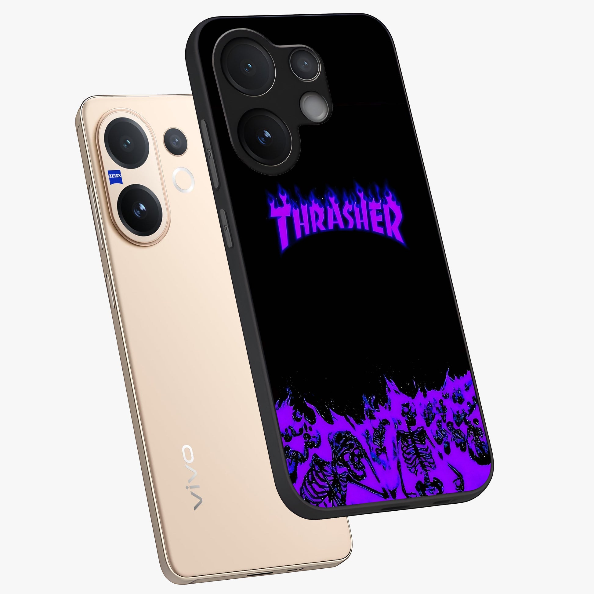Neon Flame Riot Glass Case displayed in angled mockup highlighting glowing flame design with vibrant neon aesthetic.