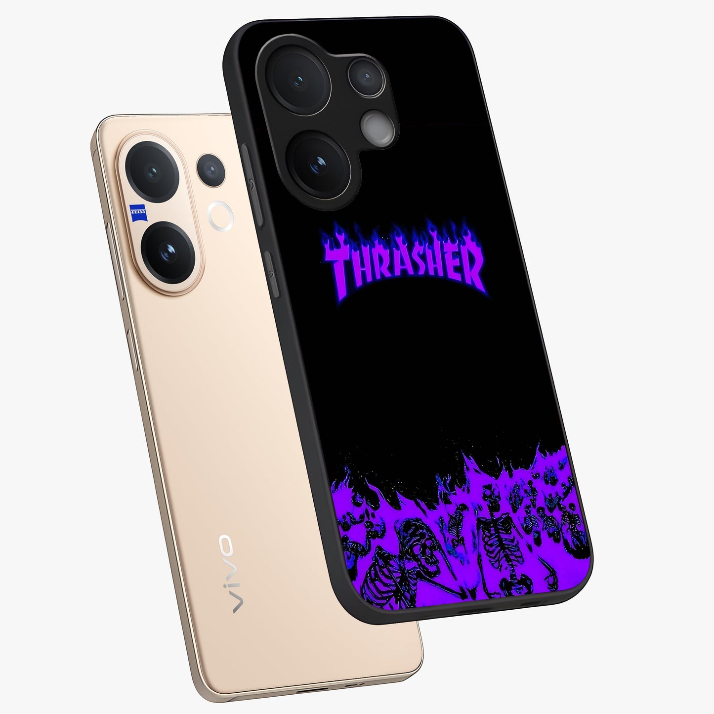 Neon Flame Riot Glass Case displayed in angled mockup highlighting glowing flame design with vibrant neon aesthetic.