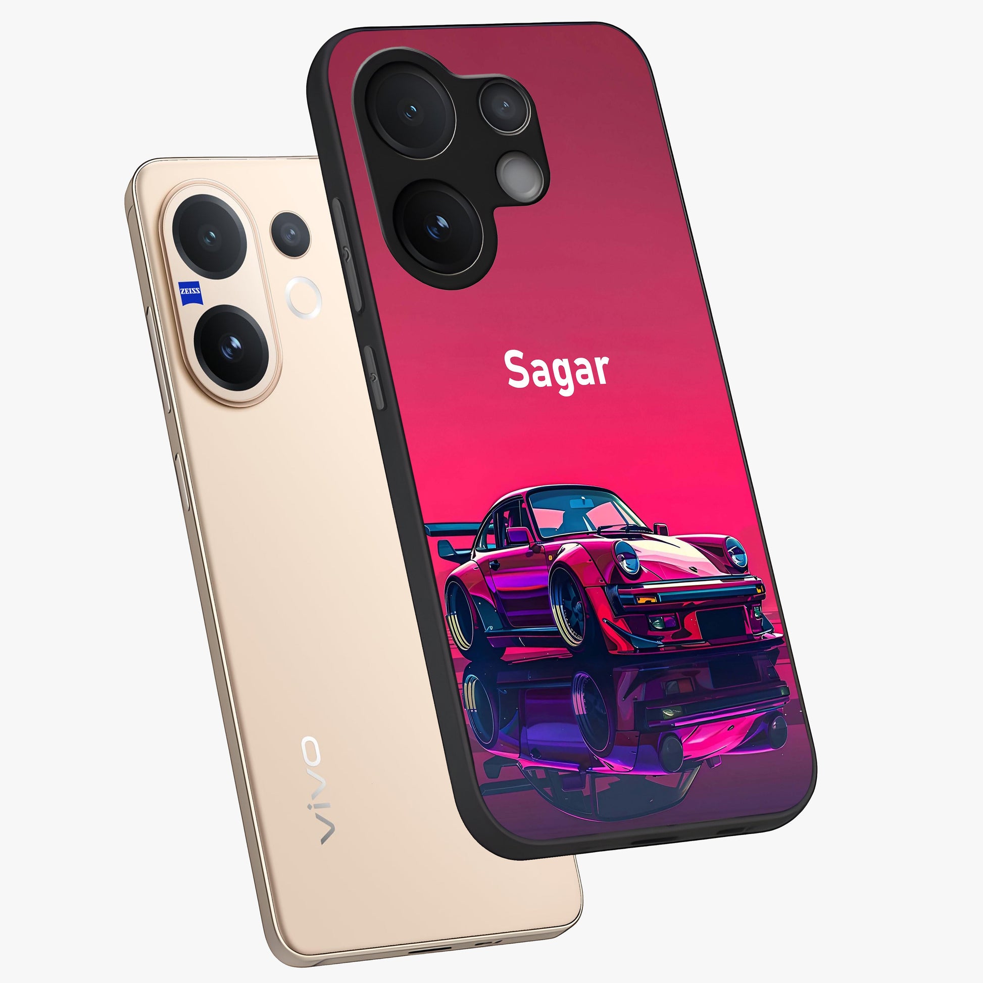 Neon Pink Porsche Glass Case displayed in angled mockup highlighting sleek neon pink car design with racing aesthetic.