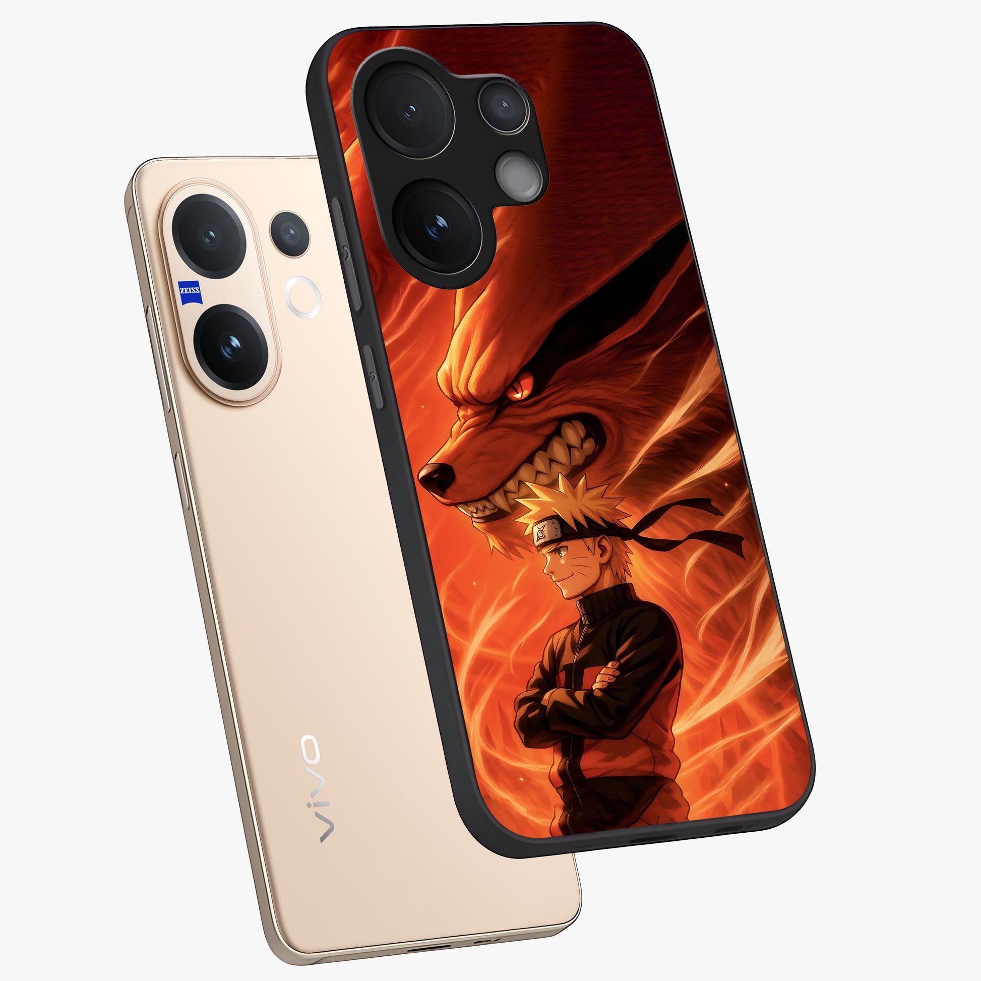 Nine Tails Legacy Glass Case displayed in angled mockup highlighting dynamic anime beast illustration with bold mystical aesthetic.