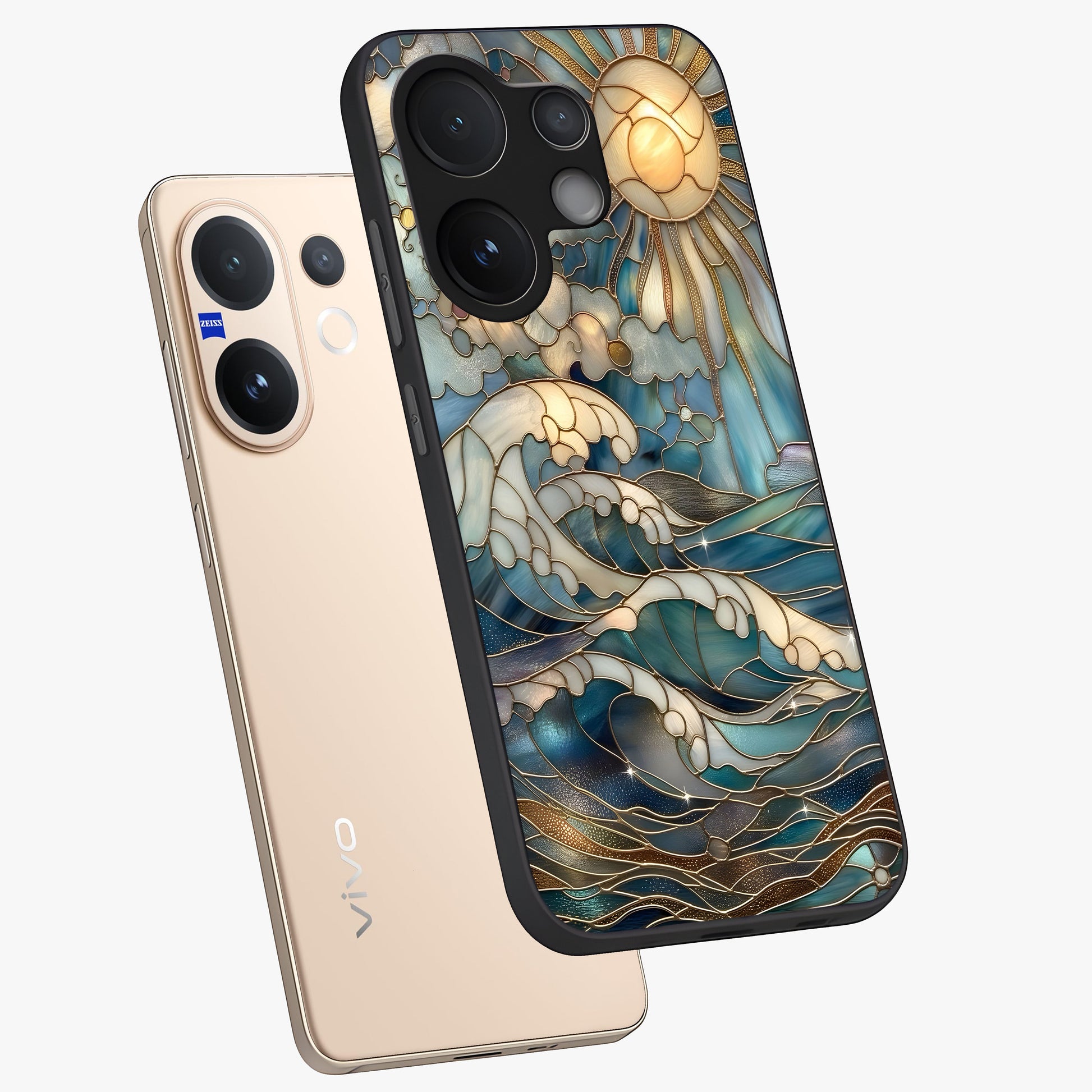 Oceanic Stained Printed Glass Case displayed in angled mockup highlighting colorful aquatic design with artistic aesthetic style.
