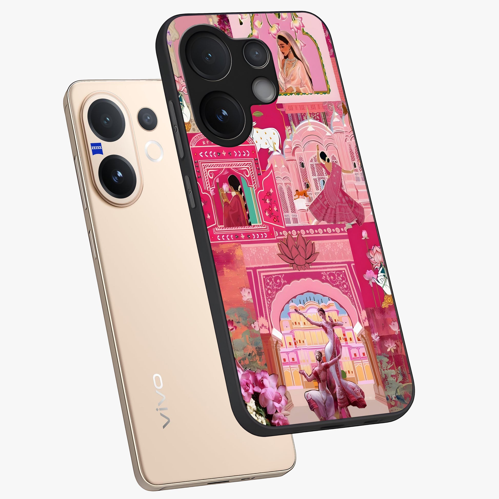Pink Palace Muse Glass Case displayed in angled mockup highlighting dreamy palace illustration with soft pink aesthetic.