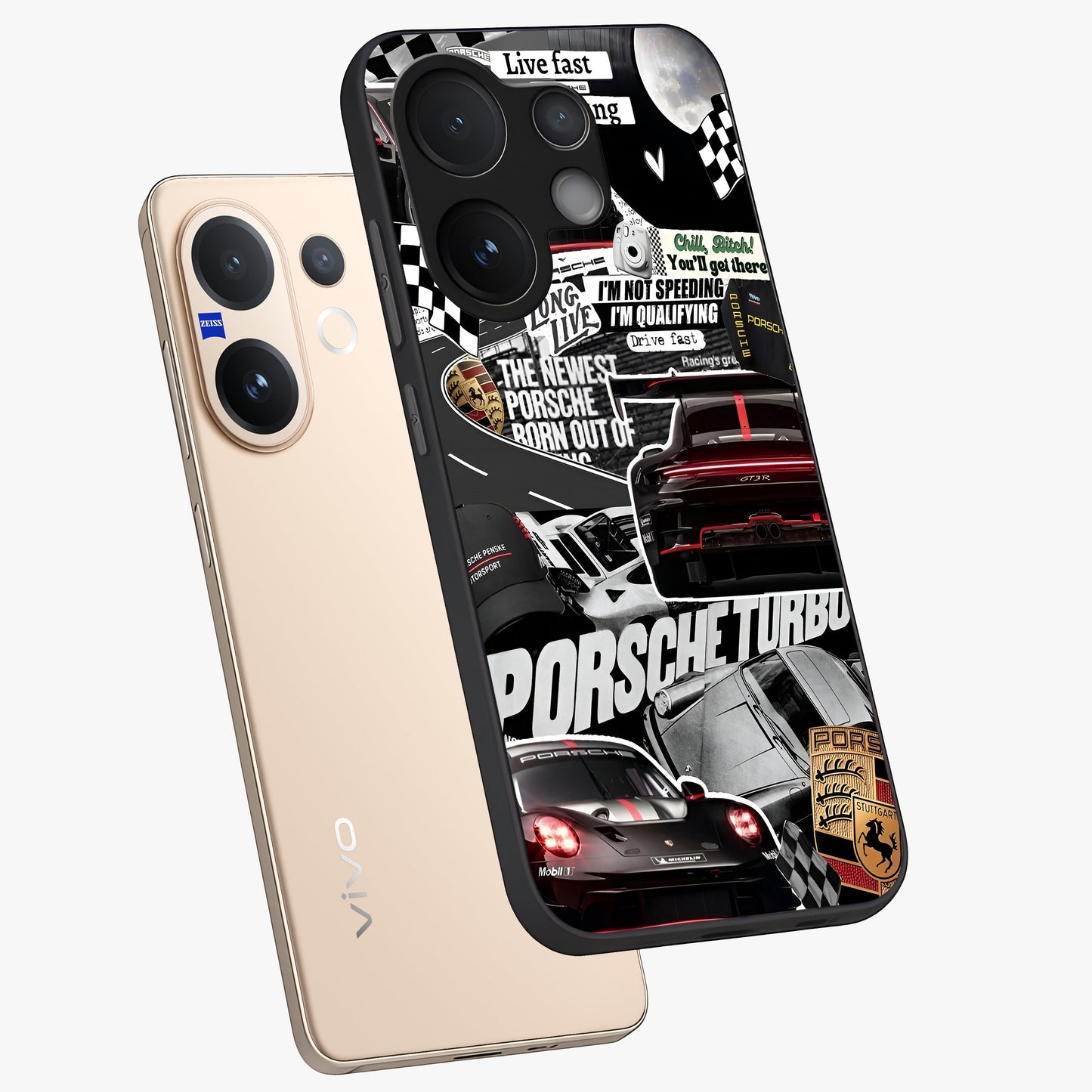 Porsche Racing Collage Glass Case displayed in angled mockup highlighting dynamic automotive design with bold racing aesthetic.