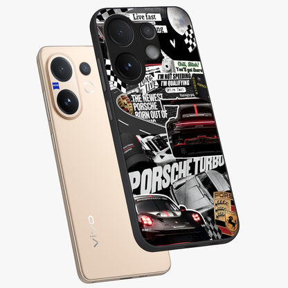 Porsche Racing Collage Glass Case displayed in angled mockup highlighting dynamic automotive design with bold racing aesthetic.